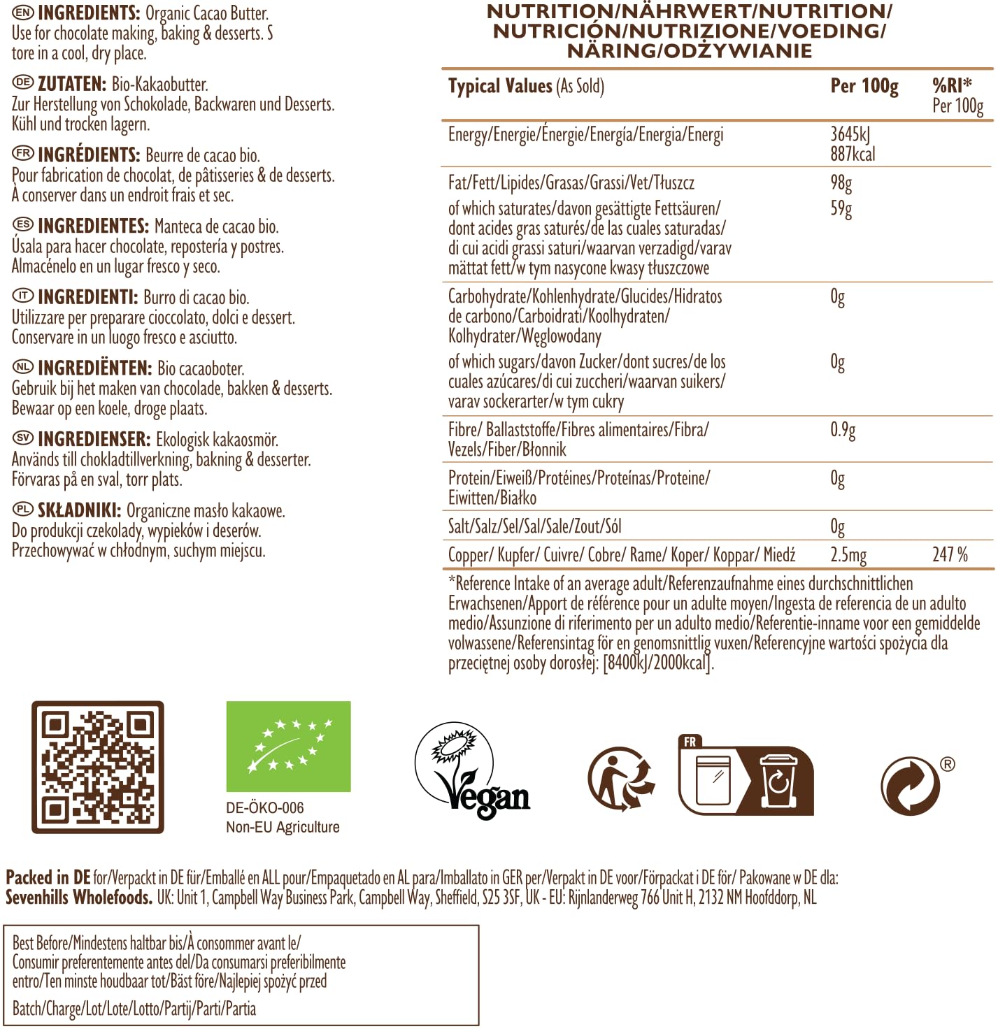 Sevenhills Wholefoods Beurre De Cacao Bio 500g