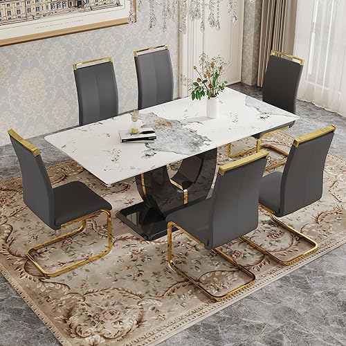 Miniatura 44 de Juego de mesa de comedor para 6, juego de sillas de cocina de 6, juego de comedor moderno con mesa de 63' de mármol y sillas tapizadas de PU para la