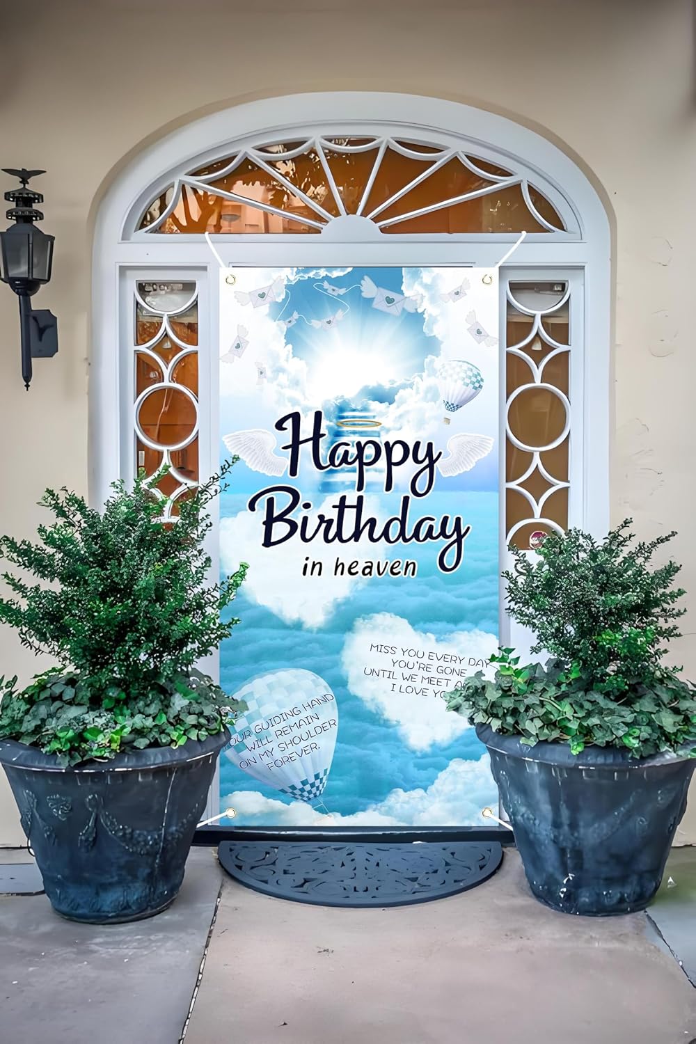 Happy Birthday in Heaven Door Banner Funeral Remembrance Party Decorations Happy Heaven Birthday Door Decorations for Birthday Anniversary Party Backdrop Photo Booth Supplies 35.4 x 70.8 inches (blue) image 4