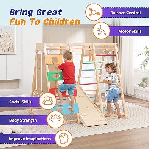 Miniatura 2 de Juego de gimnasio y parque infantil 9 en 1, juguete de escalada de madera con tobogán, columpio, red de escalada, anillos  Juego para niños