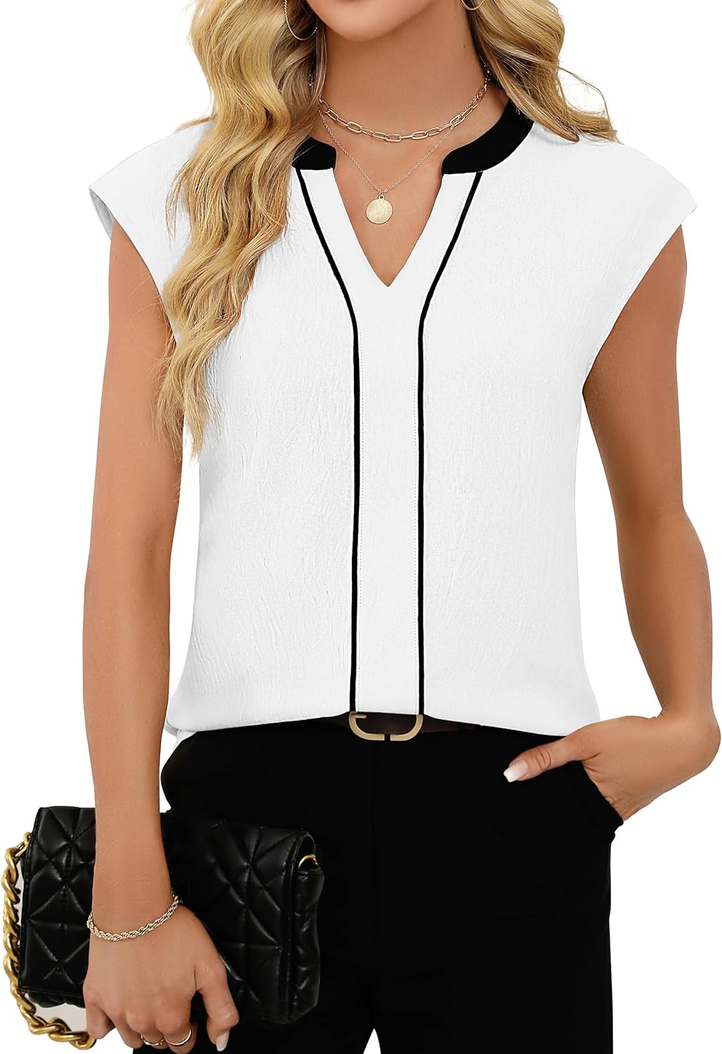 Fayenne Womens Short Sleeve Tops Dressy Casual V Neck Color Block Business Casual Outfits Work Blouses Office Shirts