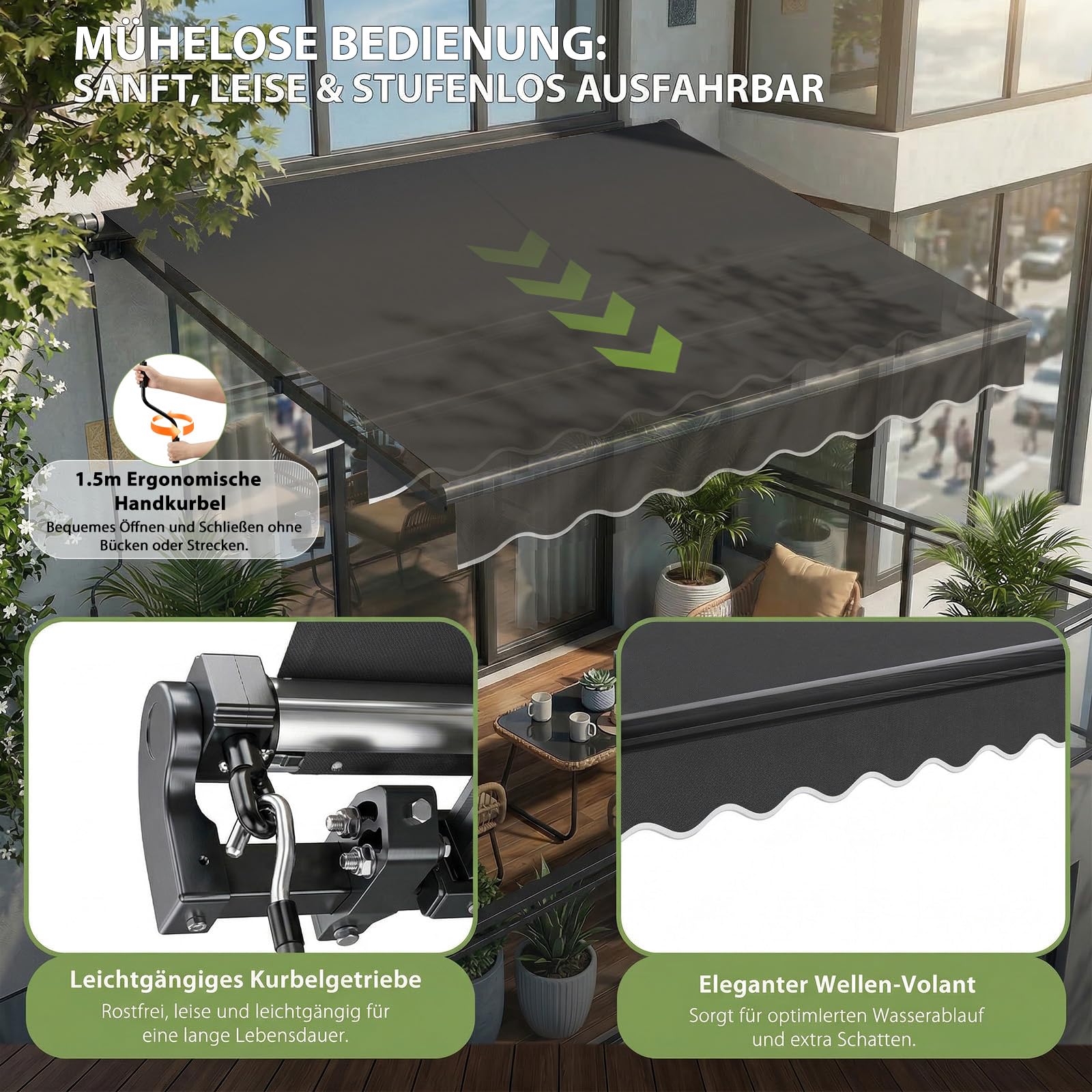 Sekey Gelenkarmmarkise 350x250 cm mit Handkurbel, 0-53° stufenlos neigbar, Doppel-Stahlseilzug, 280g/m² Polyester wasserdicht, Sonnenschutz, UV-Schutz, Markise für Balkon, Terrasse & Garten, Anthrazit