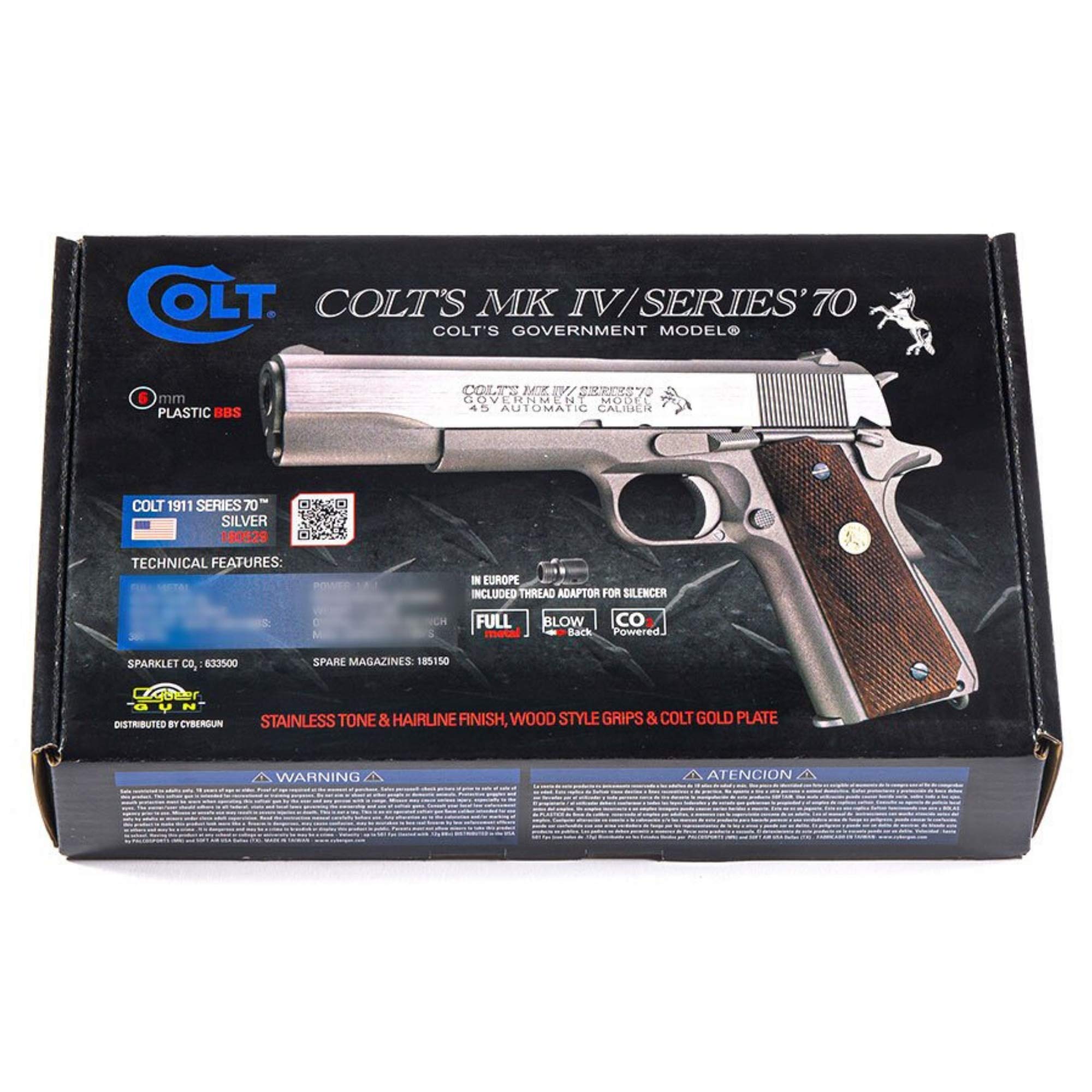 Cybergun Colt M1911 MKIV Serie 70 Co2 GBB Full Metal 6mm Caricatore: 14 Colpi E=0,90 J. Max Colt sku: 180529, Max velocità (Testato con 0,20g) : 344 FPS Lunghezza:21,9 cm