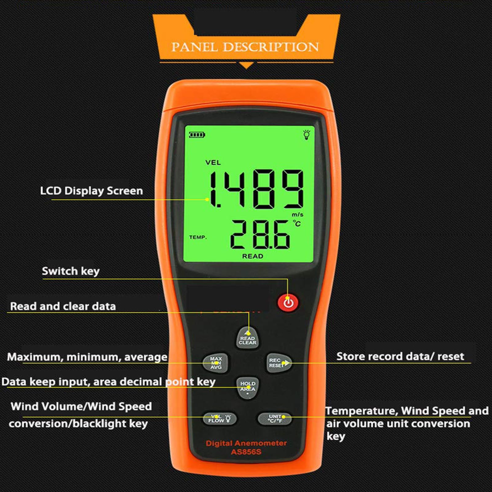 Anemómetro Digital De Mano, Anemómetro Portátil con Sonda Telescópica De 360 ​​mm Y Pantalla LCD Retroiluminada, Conexión De Datos USB para PC para Flujo De Aire De Conductos, Fabricación