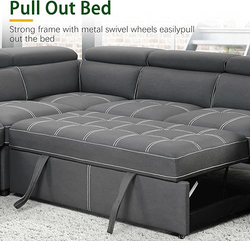 Miniatura 7 de THSUPER 104'' Microfiber L Shaped Sectional Sleeper Sofa Couch with Pull Out Bed and Storage Ottoman, Convertible Couches with Adjustable Headrest