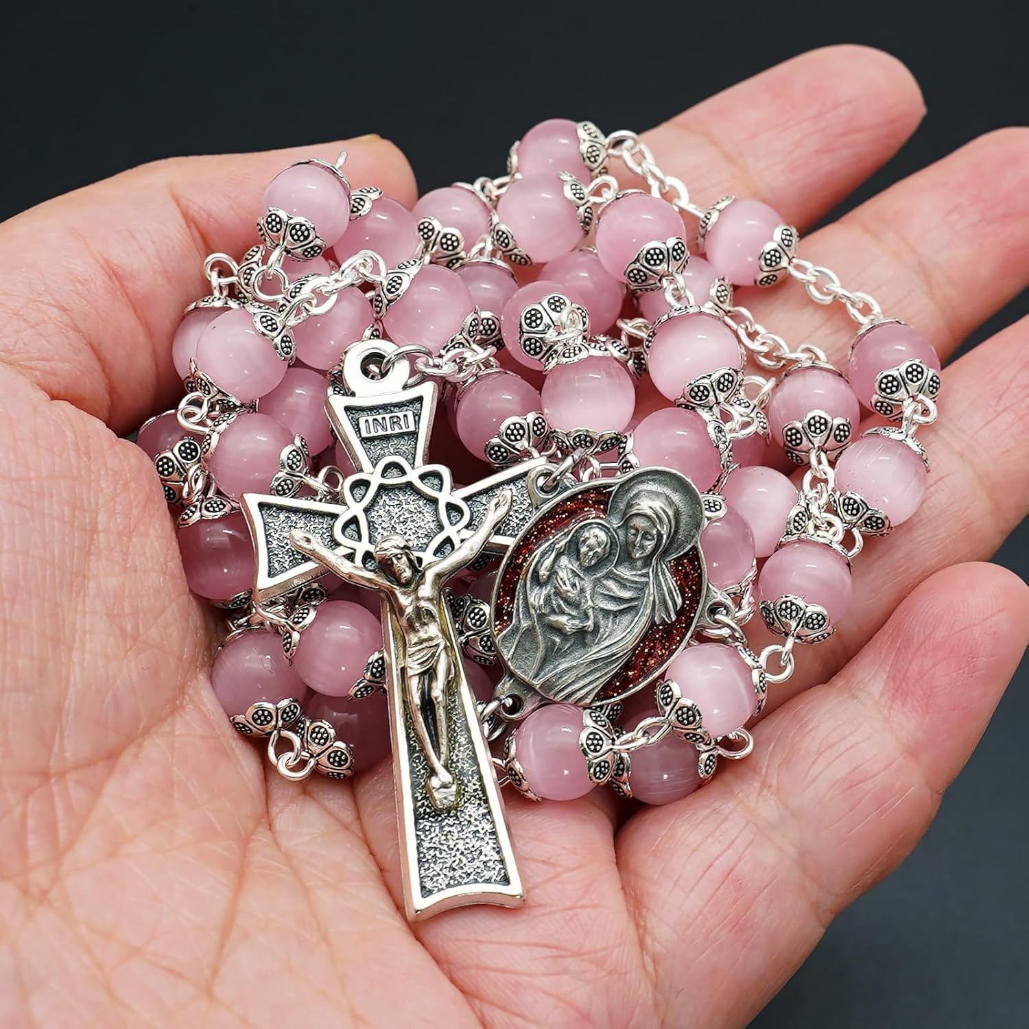 Rosary Beads Catholic for Woman - Italy 8-9mm AAA+ Natural Pink Cat Eyes Gemstone Rosary Beads. - Image 6