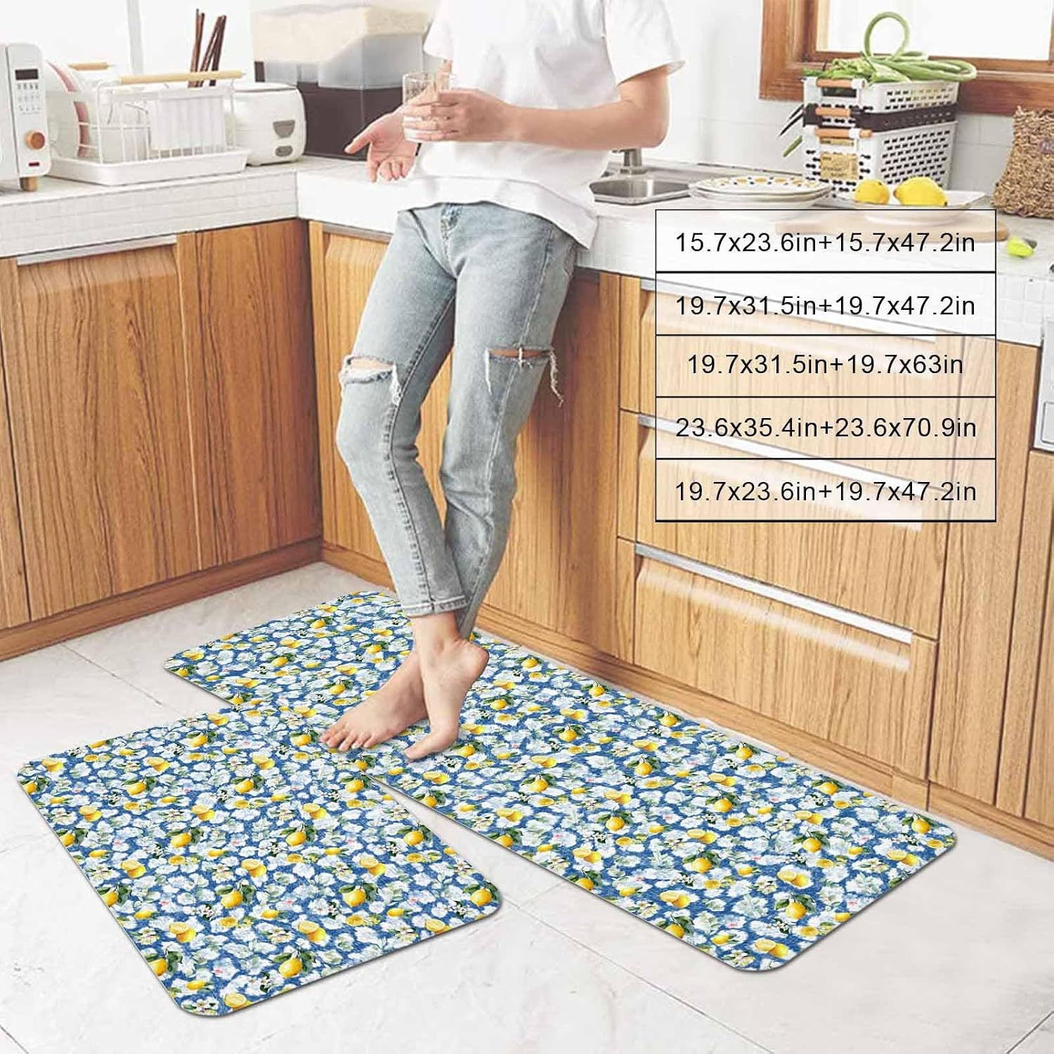 Prime Leader Summer Lemon Kitchen Mat Set 2 Pieces Yellow Fruit White Flowers Country Plant Blue Non Slip Kitchen Rugs Washable Runner Rug Mats for Sink Laundry (23.6" x 35.4"+23.6" x 70.9")