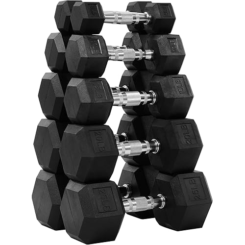 Rubber Encased Hex Dumbbell Set Contoured Handle for Muscle Toning, Strength Building & Full Body Workout, 60LB, 100LB and 150LB Set