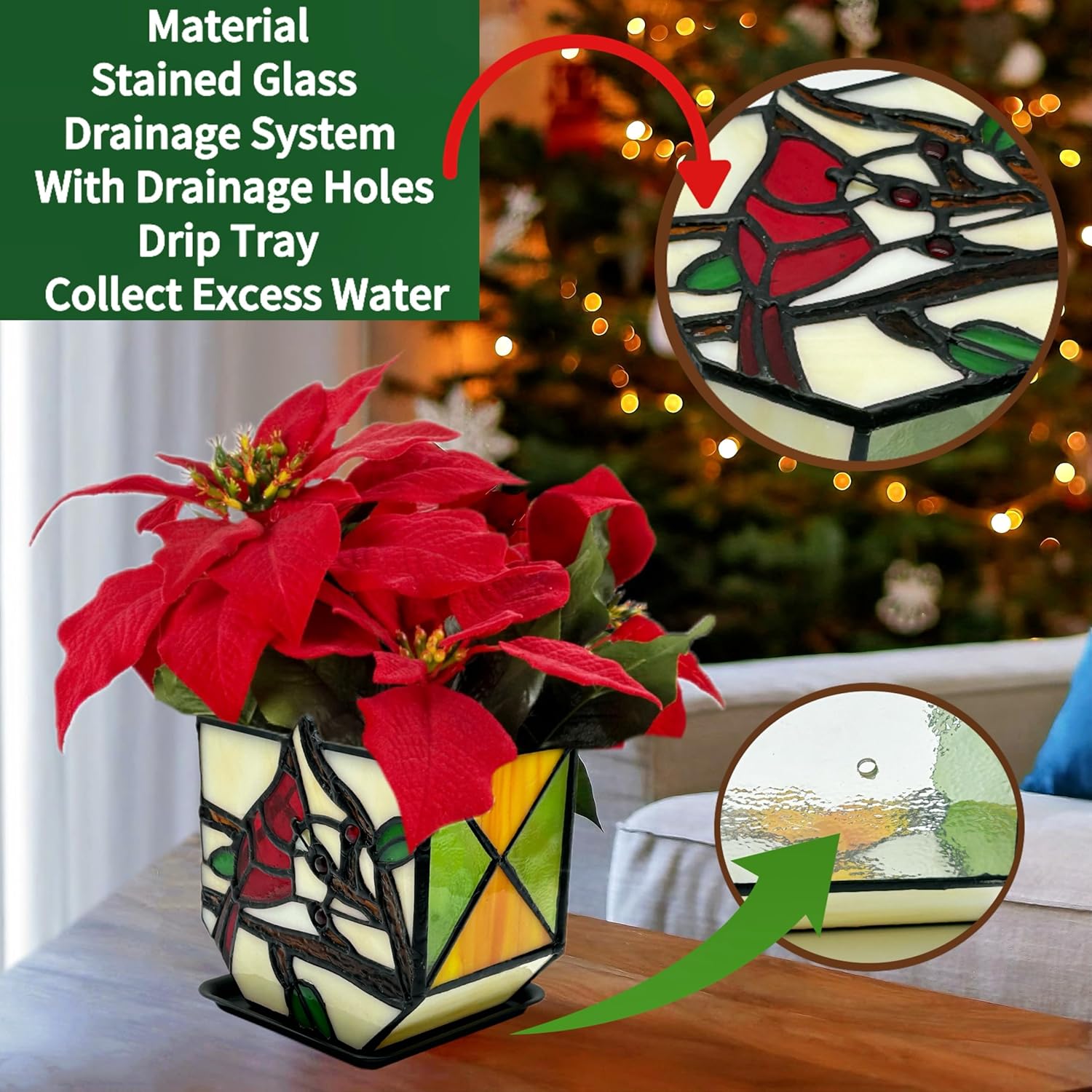 Stained Glass Cardinal Bird Indoor Planter Pot, Decorative Flower Pot with Drainage,Planter Pots for Indoor Plants,Christmas Cardinals Decorations,Cardinal Gifts