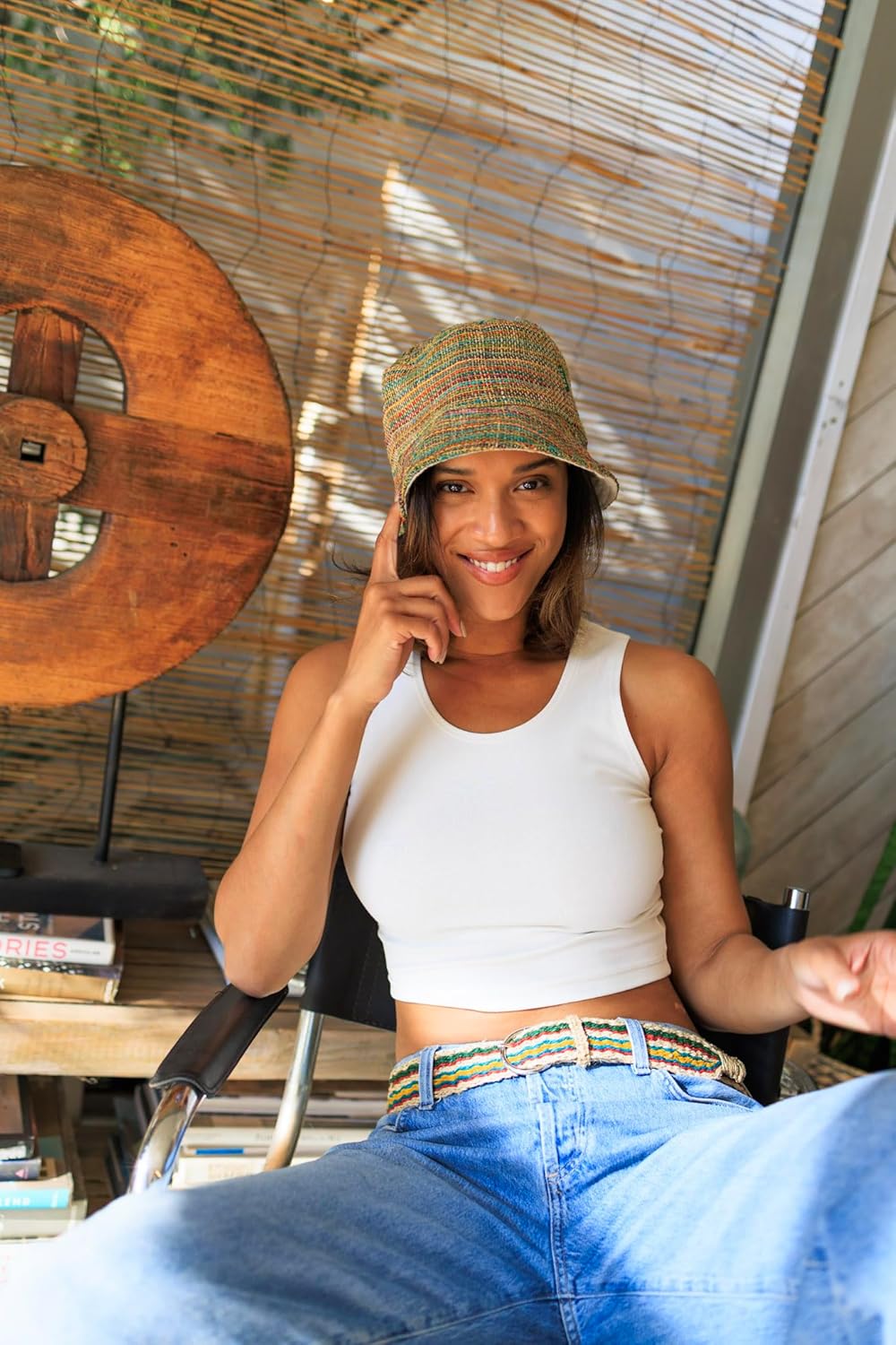 Handmade Hemp Bucket Hat, Multicolor Striped, Natural Woven Summer Beach Sun Hat, Unisex Boho Style