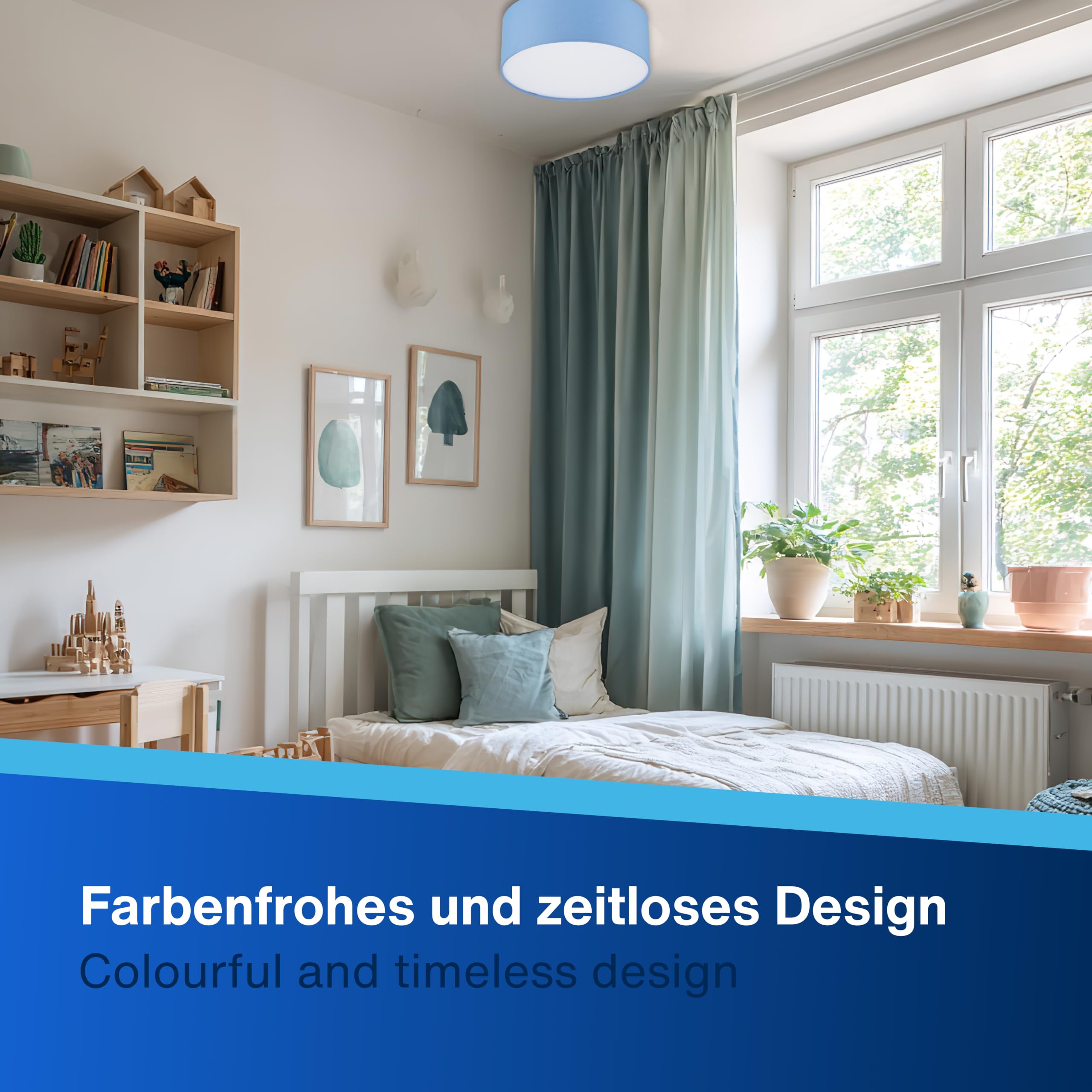 REV Deckenleuchte - 30cm, moderner Stoff-Lampenschirm in Pastell, hellblau | Deckenlampe Wohnzimmer I Stilvoller Leinenstoffschirm | inklusive zwei E27 Fassungen