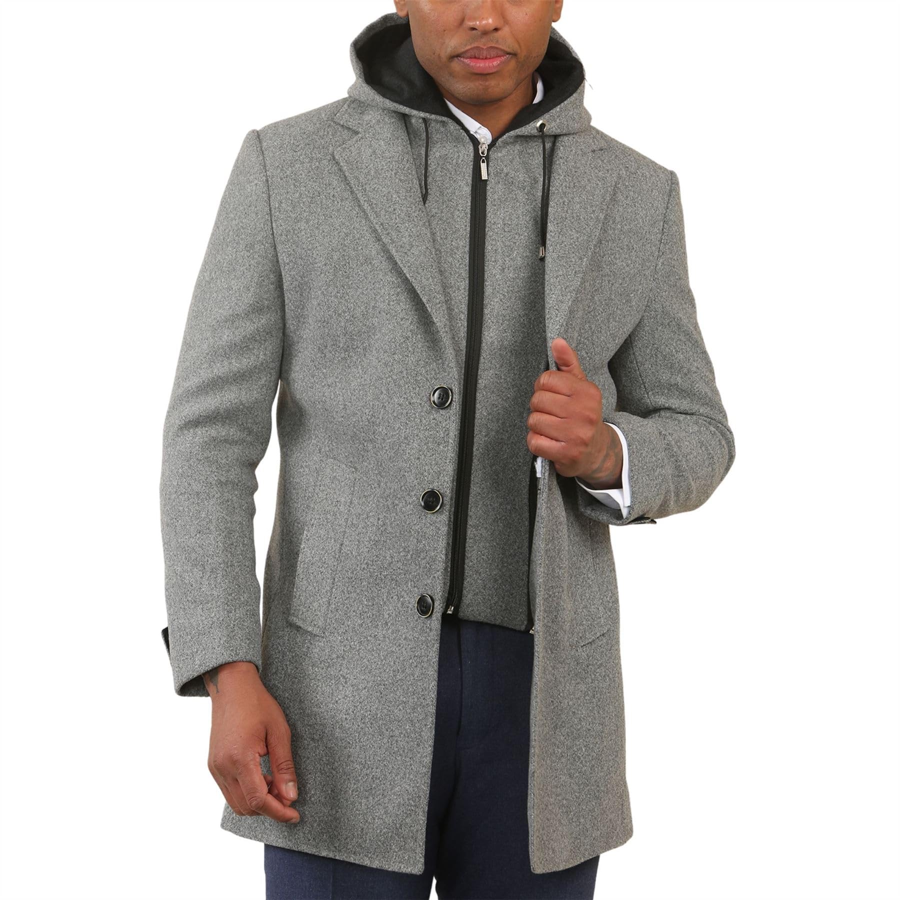 Truclothing Men's Grey Hooded Wool Blend Classic Overcoat - 6XL