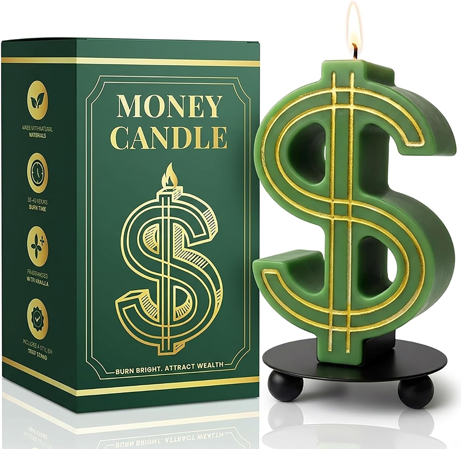Money Candle with Engraved Gold Lines - Unique Gifts for Rich People – Money Drawing Candle Dollar Sign – Funny Gift Candles – Vanilla Scented Soy Wax Candles with Metal Tray – Unique Decor Gift