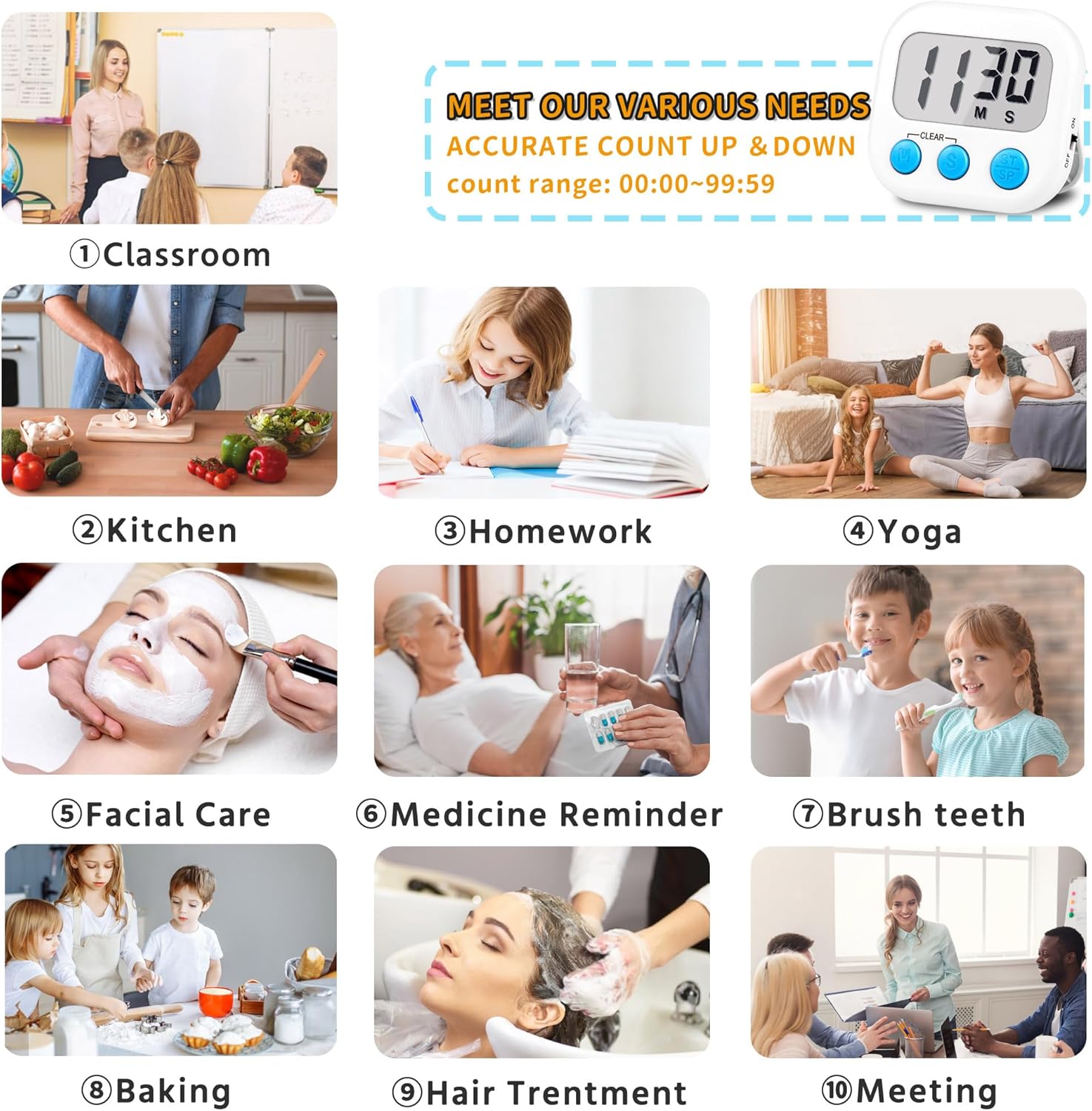 Timer for Kids Teachers Digital Kitchen Timers for Cooking Large Magnetic Classroom Timer 24Pack-Blue White