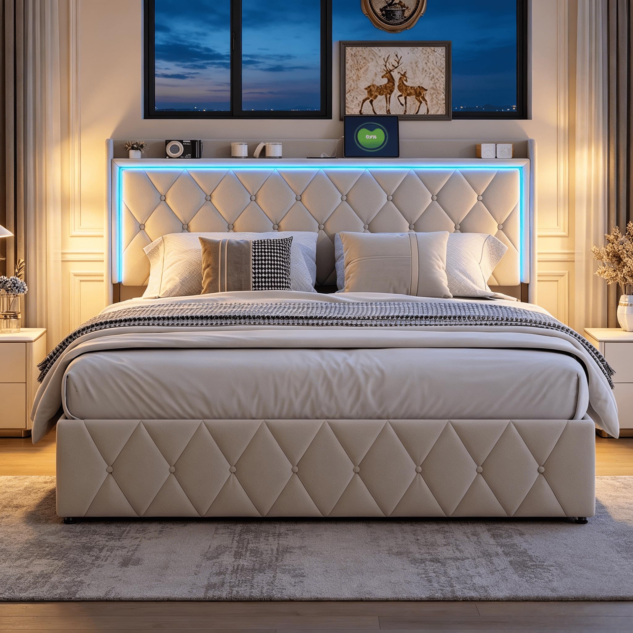 Lit Coffre 160x200cm avec LED et USB, Lit Double Rembourré en Velours Beige avec Sommier à Lattes, Tête de Lit avec Rangement, Cadre de Lit Capitonné pour Adultes et Adolescents