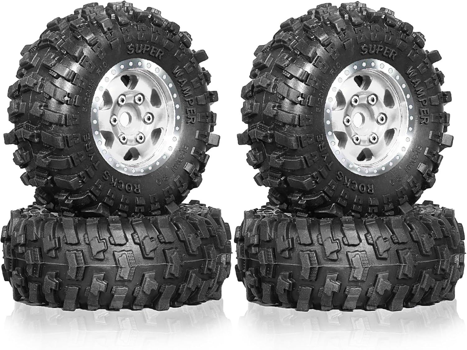 1.0 RC Tires and Beadlock Wheels Rims Offset -2.5mm 1/24 1/18 Super Soft Sticky Mud Slingers Tyres for 1:24 1:18 Rock Crawler Car Axial SCX24 FMS AX24 FCX18 FCX24 TRX4M 4Pcs (Silver)