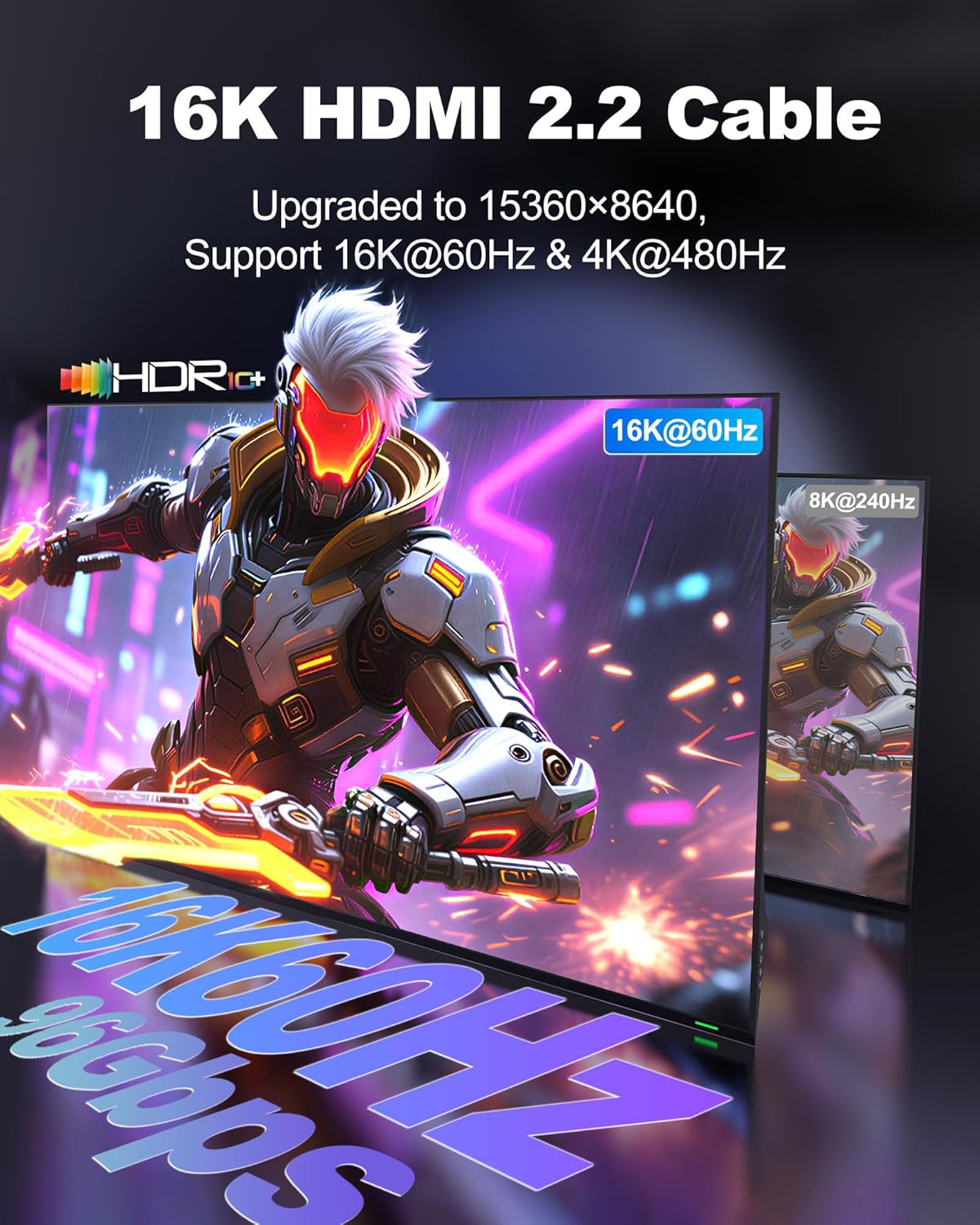 16K 10K 8K HDMI 2.2 Cable 6.6FT, 96Gbps Ultra High Speed 16@60Hz 8K@240Hz 4K@480Hz Braided HDMI Cord, HDCP 2.2 & 2.3, Dynamic HDR, eARC, Compatible with P5S HDTV PC Monitor Xbox Series - Image 2