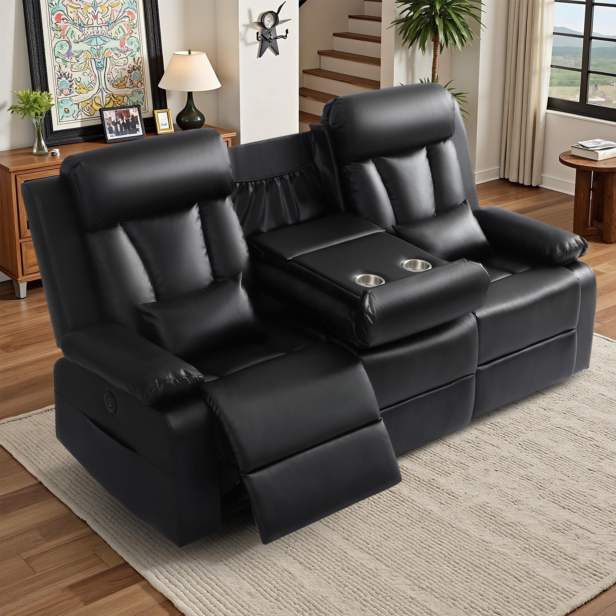 Power Reclining Sofa with Drop-Down Console and Lumbar Pillows, Leather 3-Seat Recliner Couch with USB & Type-C Ports, Cup Holders, Hidden Storage,
