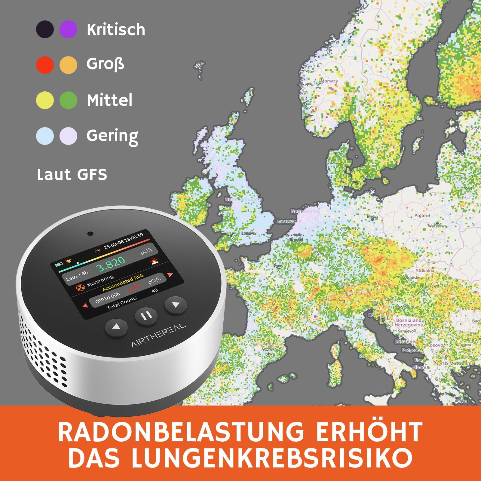 Airthereal Radonmessgerät Tragbar RM63 – Radon-Detektor für Haus & Keller, 504 Tage Langzeit-Datenspeicher, LCD-Farbdisplay, Schnelle 6-Std.-Ergebnisse, Lange Batterie, akustischer & visueller Alarm