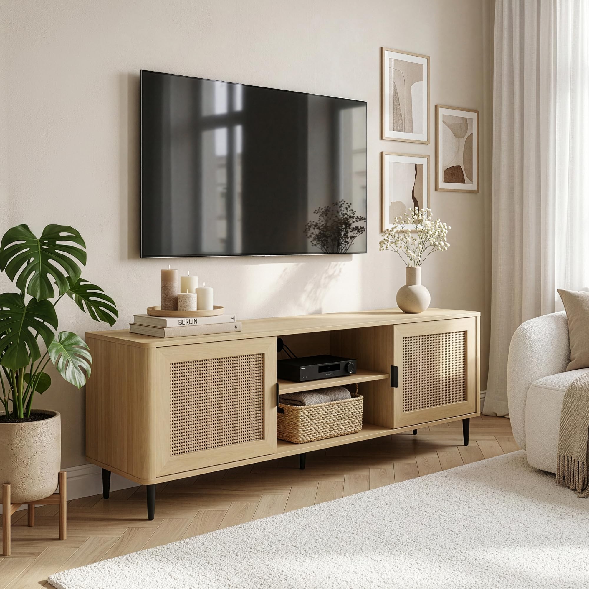 [en.casa] Mobile TV con Ante Inserto Effetto Rattan e Scomparti Aperti Porta Televisore con Fori Passacavi Stand Multimediale per Zona Living 152x40x54 cm Effetto Rovere