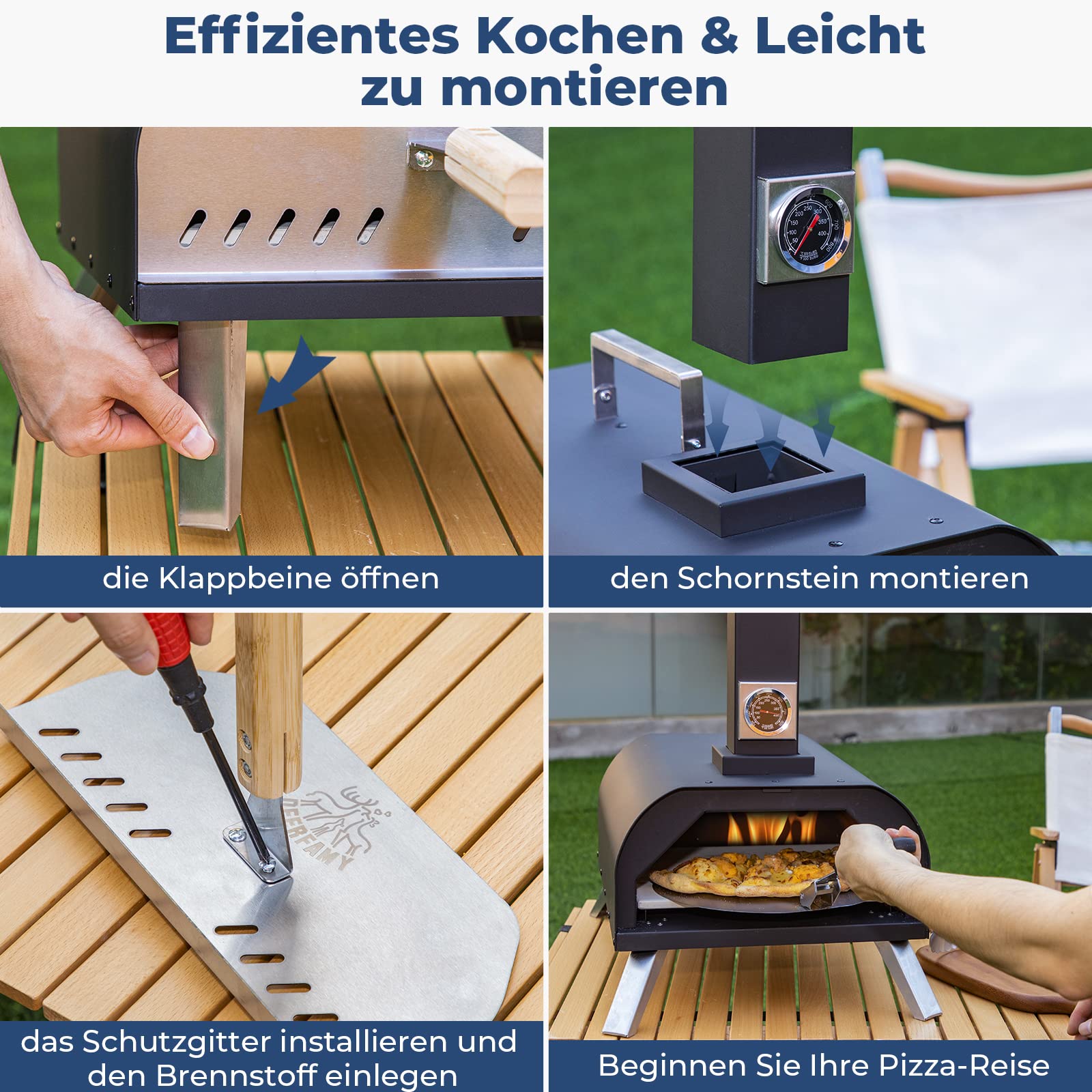 DEERFAMY Four à pizza portable pour granulés de bois et copeaux avec thermomètre, pieds pliables, cheminée amovible, jusqu'à 400 °C