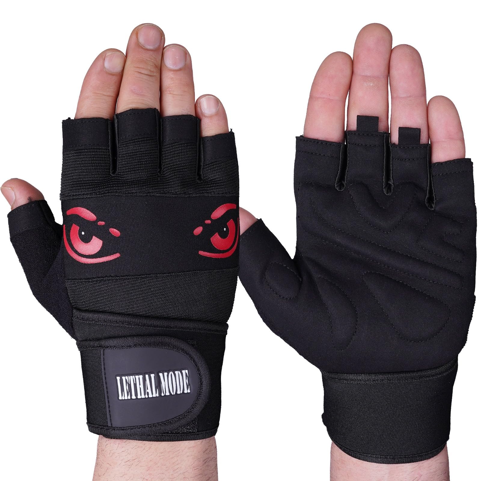 LETHAL MODE Gym Gloves for Men & Women – Weight Lifting, CrossFit, Workout & Cycling Gloves Long Wrist Wrap – Fingerless Grip Gloves Enhanced Performance and Hand Protection (D8-Long Straps, M)