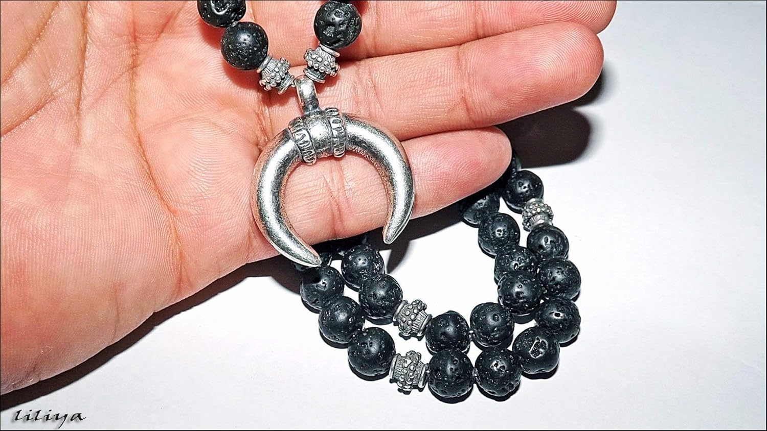 Liliya Jewelry Mens Lava Rock Necklace – Natural Black Volcanic Stone Beads with Silver Crescent Moon Pendant – Handmade Tribal Surfer Jewelry – 25 Inch