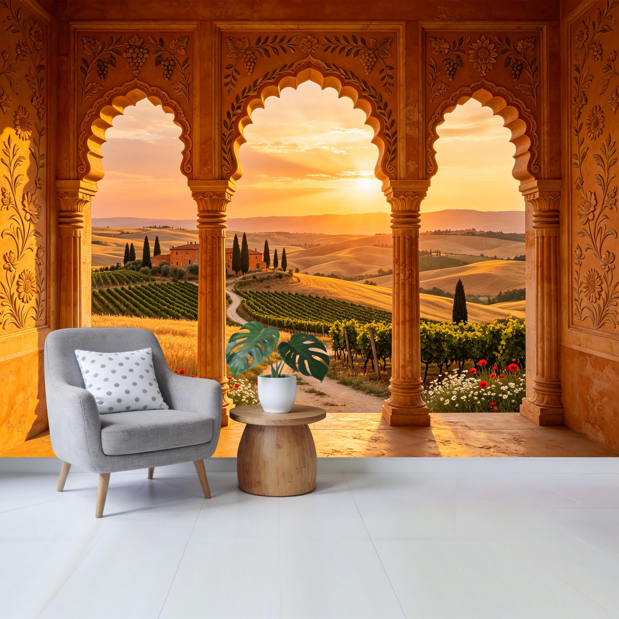 Custom Size Wall Mural Tuscany Vineyard Sunset View Through Archway Landscape Removable Self Adhesive Fabric Home Wall Decor for Living Room Bedroom Bathroom