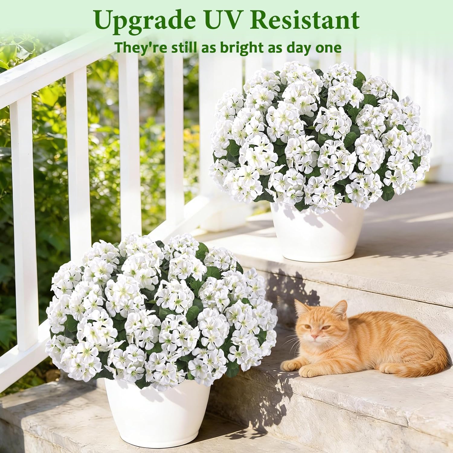 16 Bundles Artificial Flowers for Outdoors, Realistic Geraniums Fake Flowers for Decorations, UV Resistant Silk Faux Flowers Plants for Outside Garden Porch Planter Yard Patio Home Decor(White)