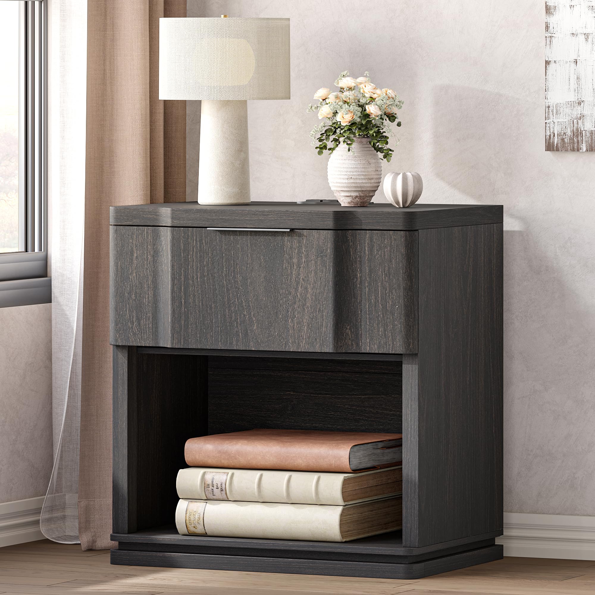 Nightstand with Charging Station, Wooden Curved Night Stand Bedside Tables with Storage Shelf & Drawer, Large Mid Century Modern Accent End Table for Bedroom Office