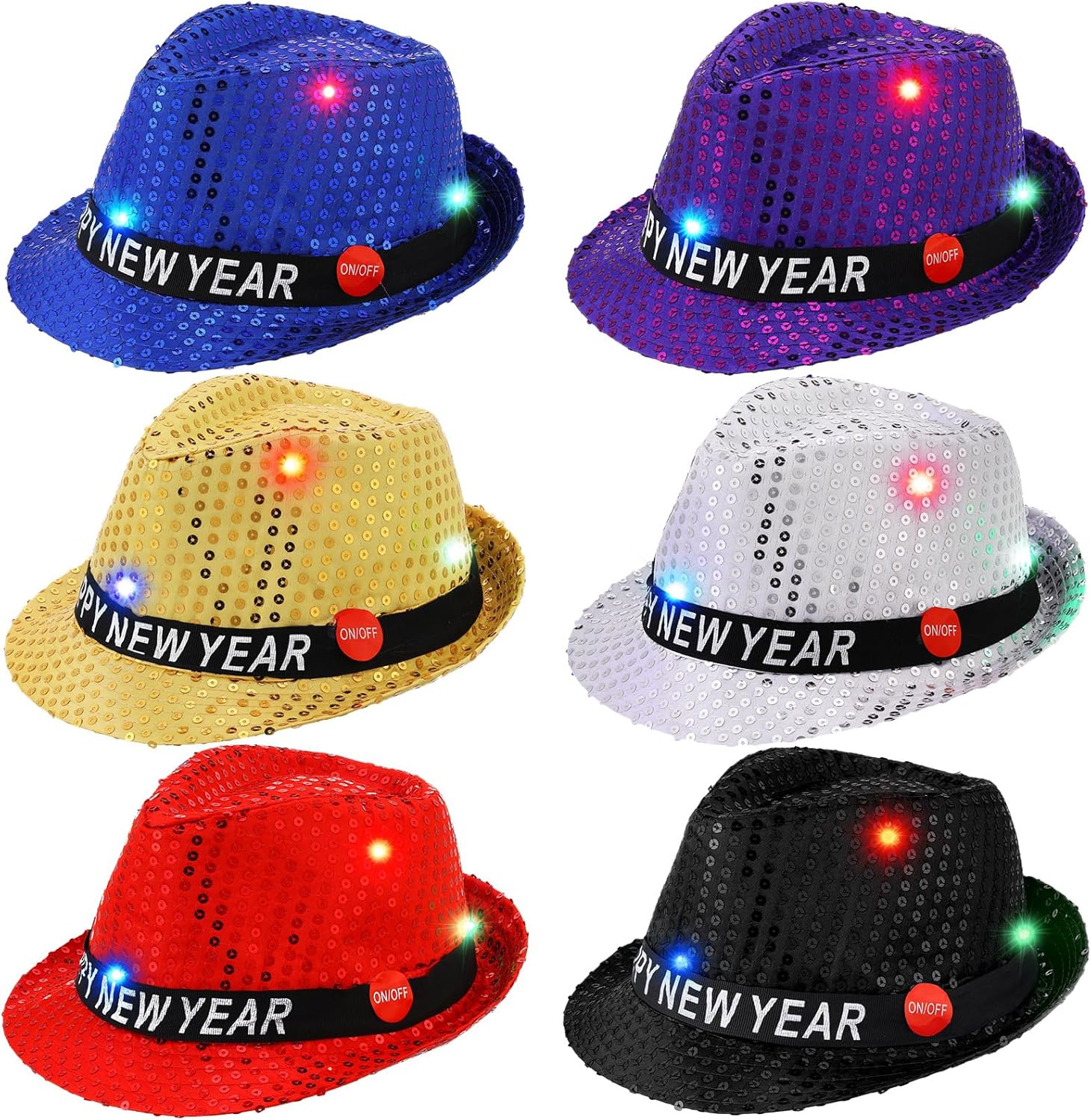 Liitrsh 6 Pack Happy New Year LED Sequin Fedoras Hats 6
