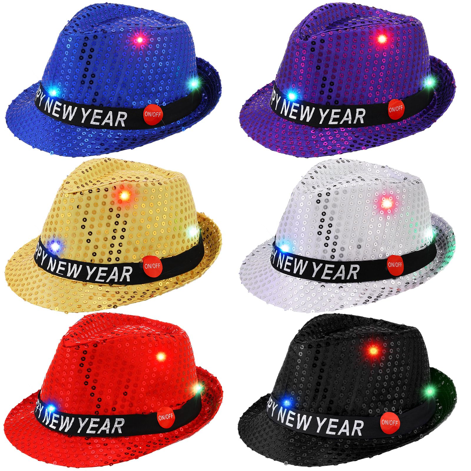 Liitrsh6 Pack Happy New Year LED Sequin Fedoras Hats 6 Assorted Colors Flashing Colorful Light up Hats Happy New Years Eve Ribbon Sequins Adults Hat for Holiday Costume Party Supplies Favors
