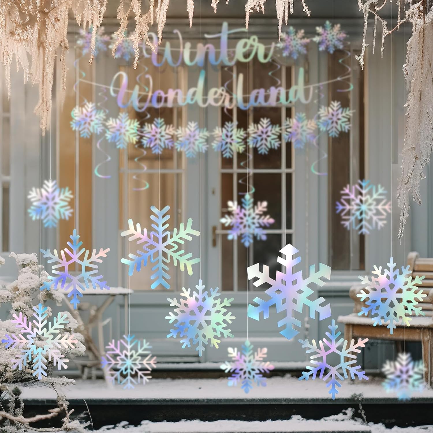 Pinkunn Winter Wonderland Party Decoration Iridescent Decoration Hanging Snowflake Garland Ornaments Iridescent Glitter Paper Spiral Banners for Holiday Birthday Home Party Decor
