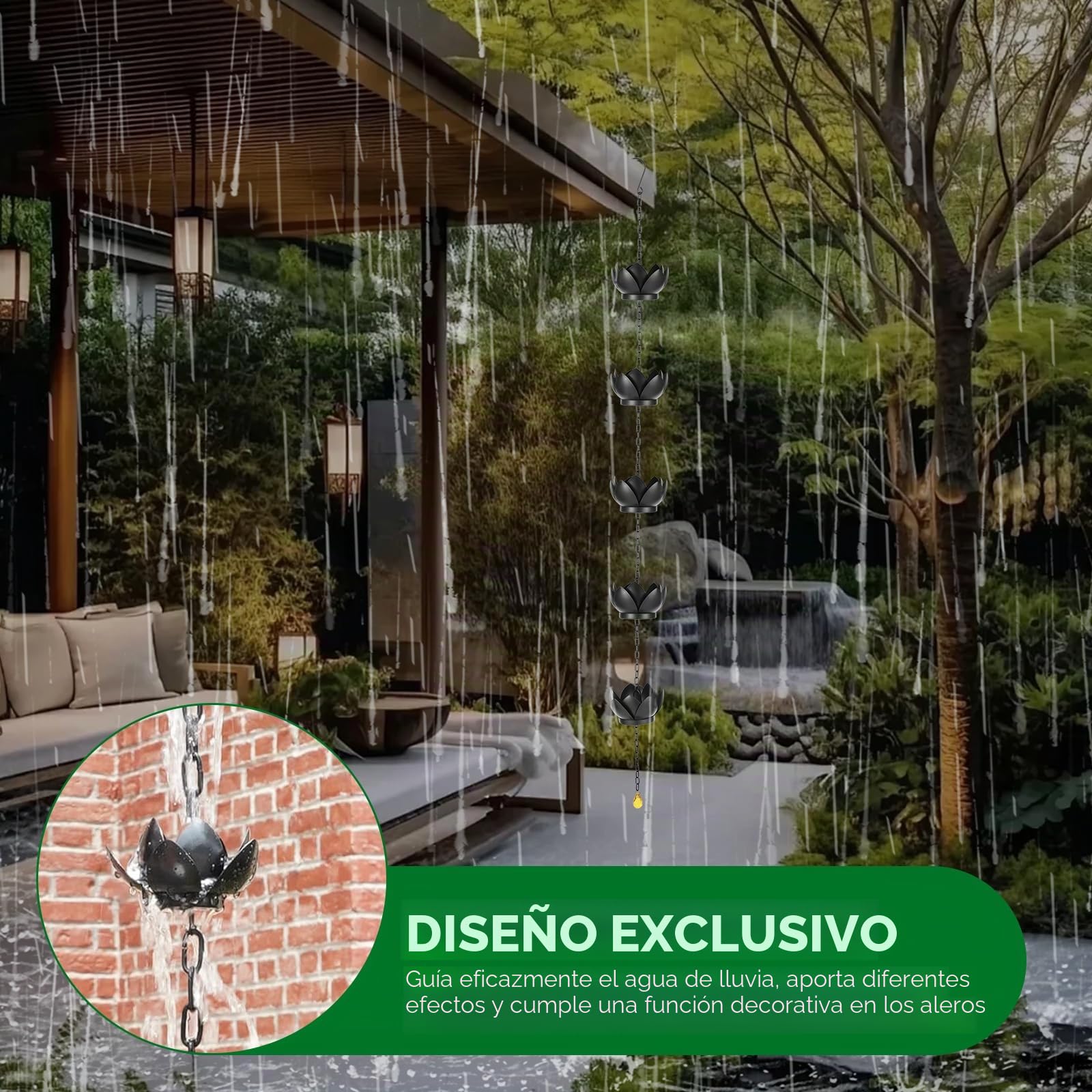 Cadena para la lluvia, para canalones, con gancho en S, cadena de drenaje, longitud ajustable, cadena de lluvia con imitación de nenúfares, para exteriores, casa, decoración de jardín (negro)