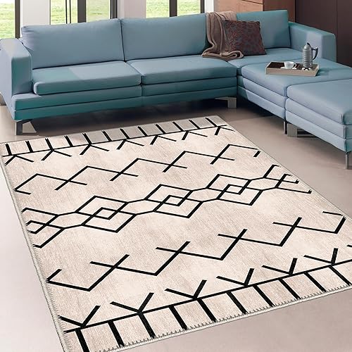 Miniatura 3 de Alfombra cuadrada lavable de 5 x 5, color crema con parte trasera antideslizante, resistente a las manchas, plegable, bohemia lavable a máquina,