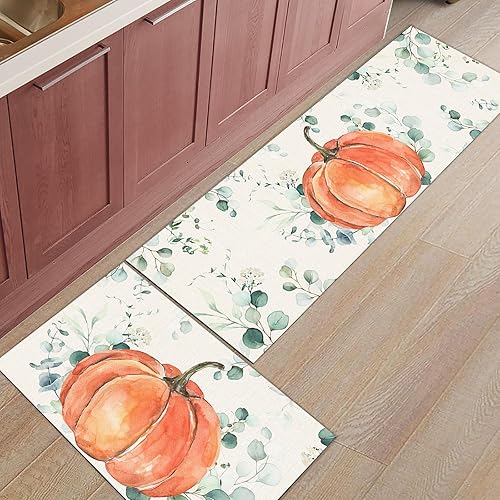 Miniatura 9 de Alfombras y tapetes de cocina Hello Fall, 2 unidades, color azul, naranja, calabaza, hoja de arce, pájaros, alfombras antideslizantes con pasillo