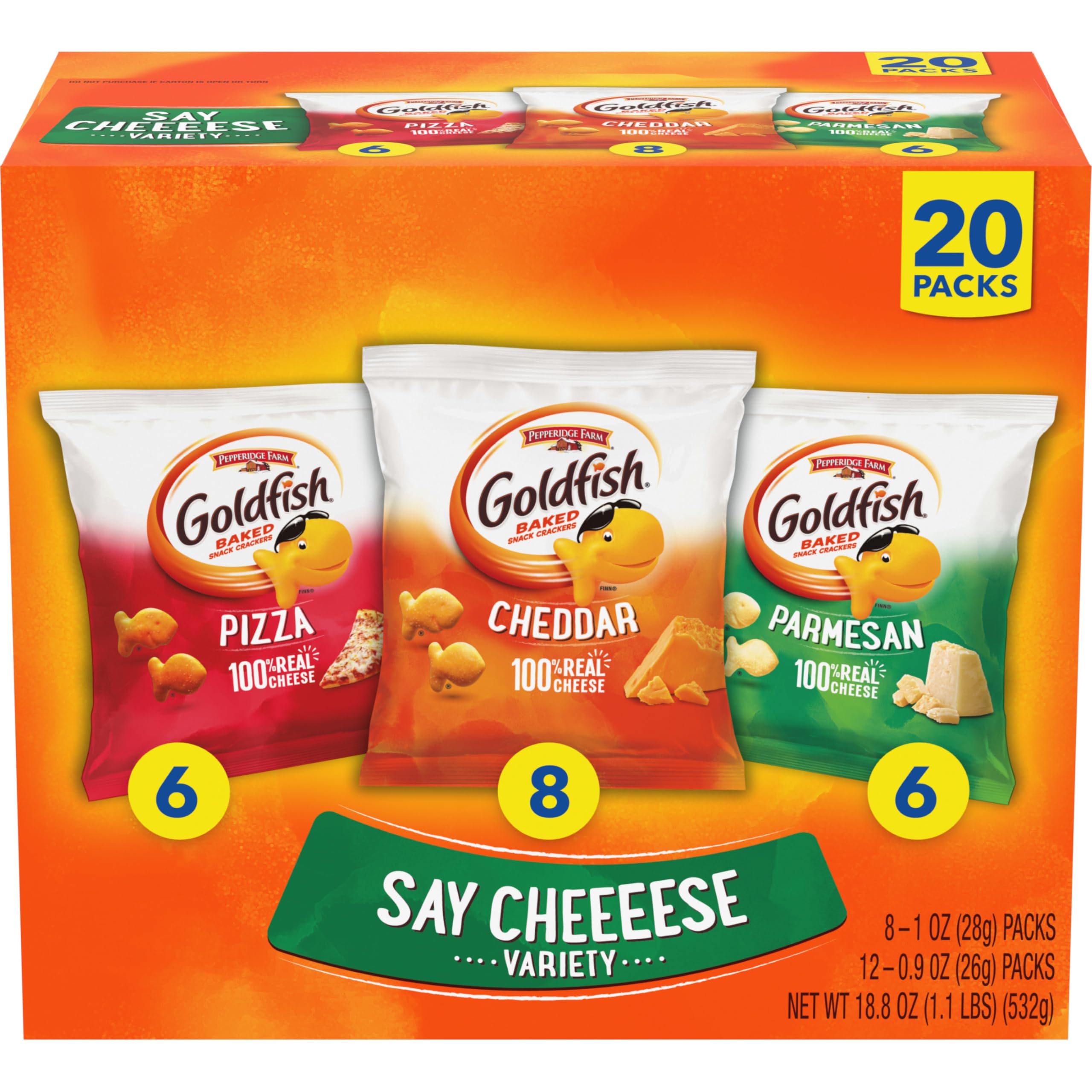Pepperidge Farm Goldfish Crackers Say Cheeeese variedad con cheddar, pizza y parmesano, 20 paquetes de aperitivos