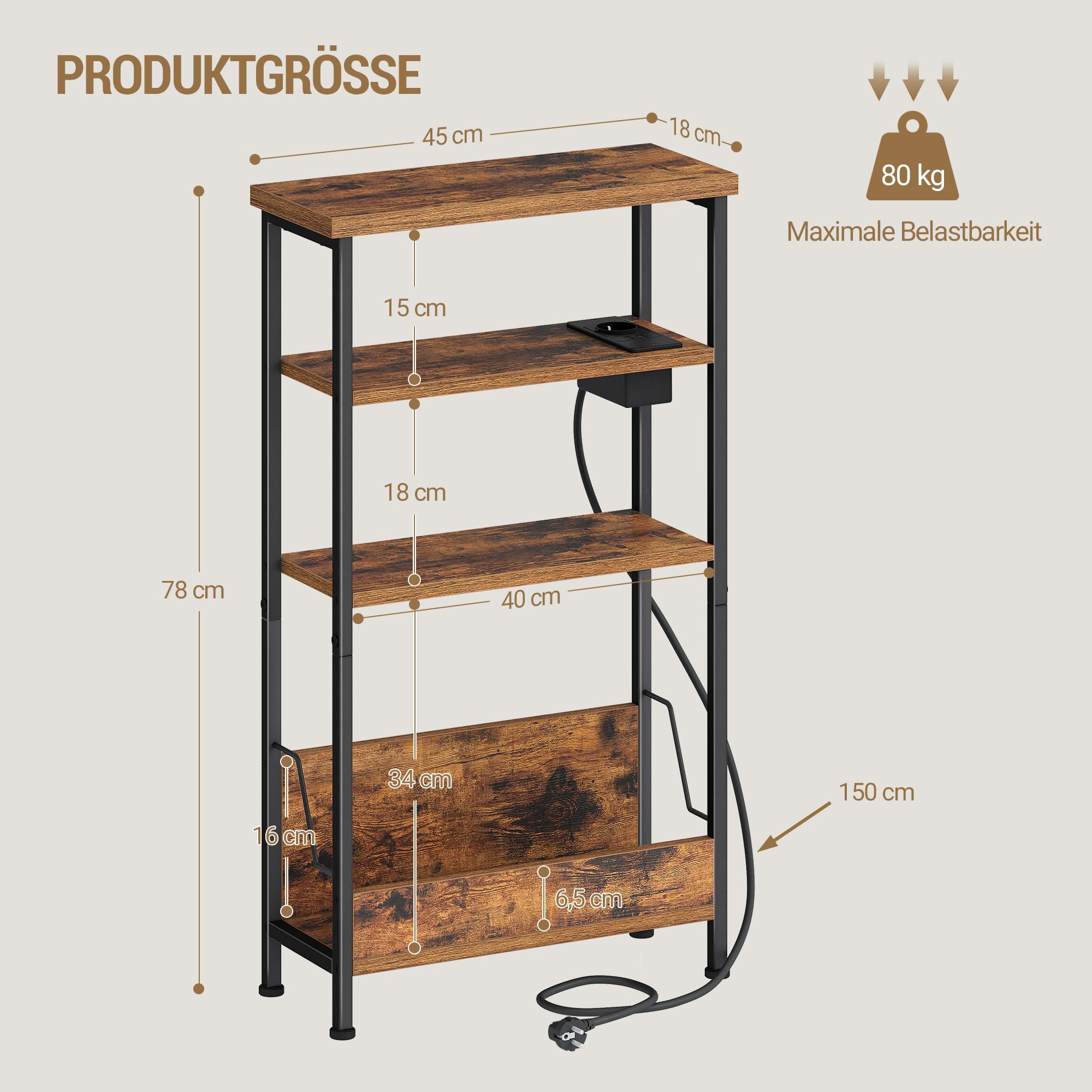 Hzuaneri Beistelltisch Schmal, 4-Stufiger Beistelltisch Couch mit Zeitschriftenhalter und Ladesteckdosen, Geeignet als Nachttisch für Wohnzimmer oder Arbeitszimmer, Vintagebraun-Schwarz ET40001BEU