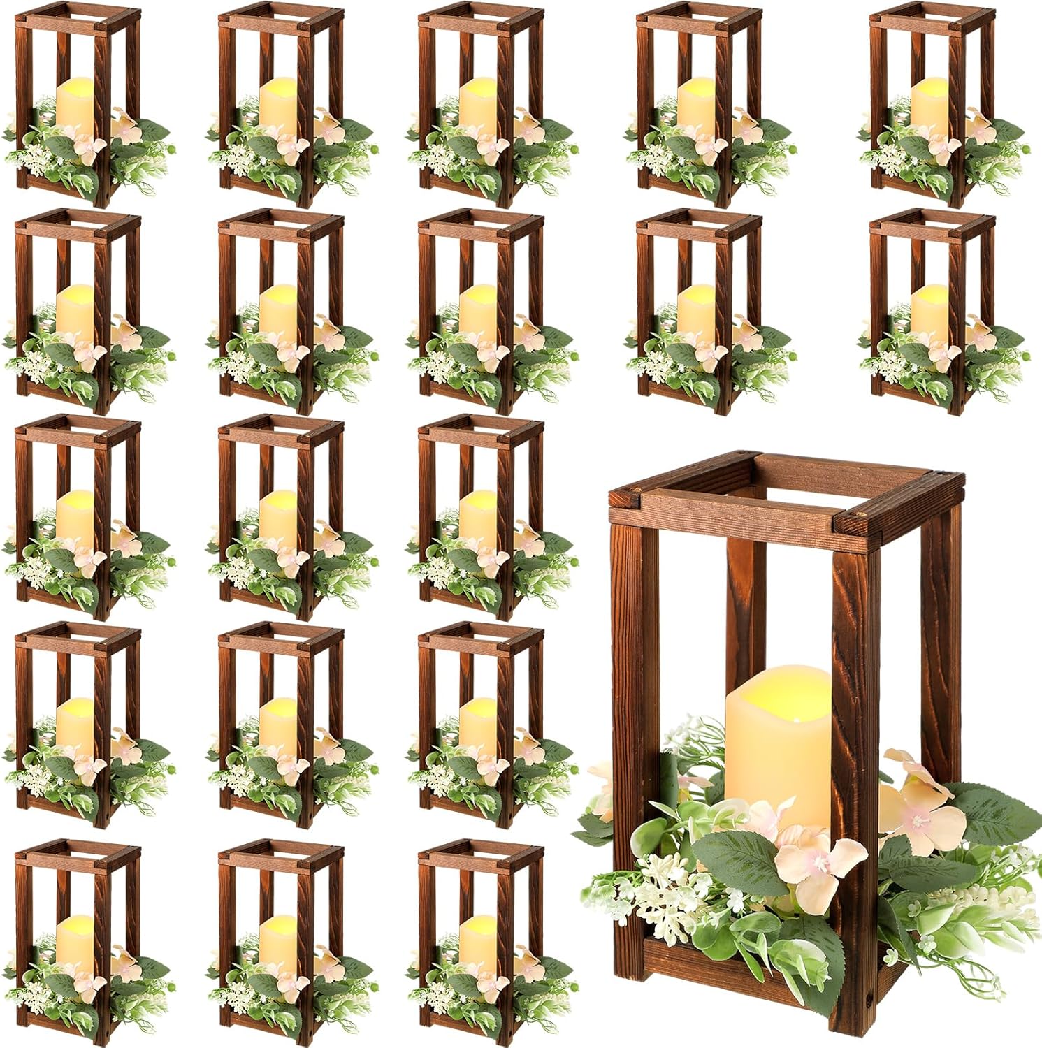 Hushee 60 Pcs Wooden Wedding Lantern Centerpiece Integrated Holders with Candles and Wreaths Rustic Wooden Candle Lantern Decor for Wedding Party Table Valentine Decor (Brown) Brown 60