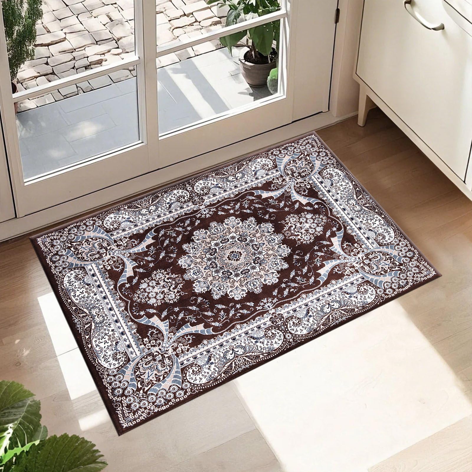 cozily® Floral Style Washable Antique Rug, 60 x 110 cm (2 ft x 3 ft 7 in) - Brown - Jute Backing Doormat for Indoor, Office, Door, House Floor, and Bathroom — image 1