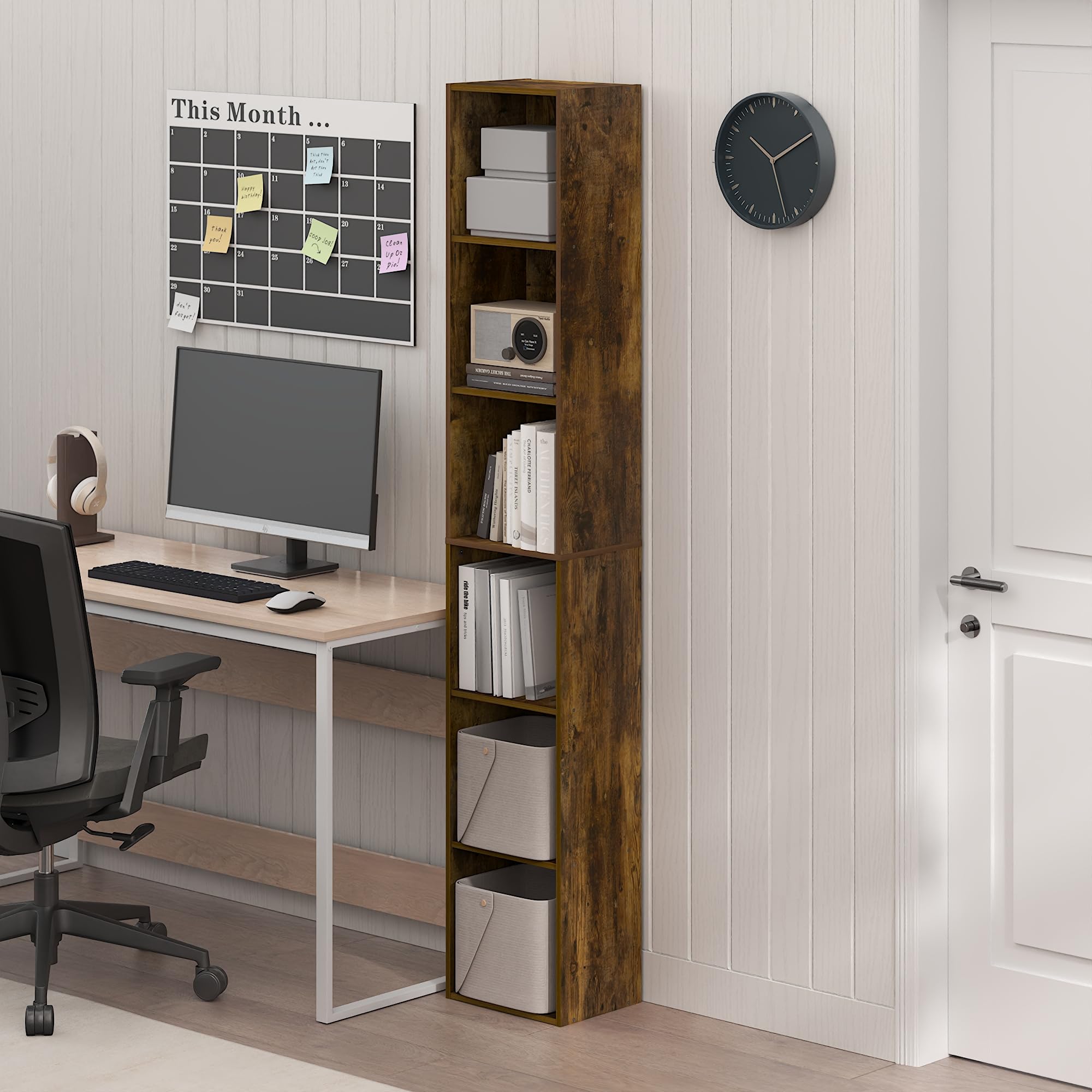 Furinno PASIR - Estantería para Libros, estantería de 6 Niveles, estantería de pie Alta, Estante de Almacenamiento Abierto, 9.4 x 12 x 71 Pulgadas, para Oficina en casa, Sala de Estar, Roble ámbar