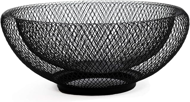 VR7-Black Metal Wire Fruit Basket - 24cm / 11 cm - Decorative Storage Holder Bowl for Fruit, Vegetables & Bread - for Kitchens, Homes, Table Decor Centrepieces and Countertops