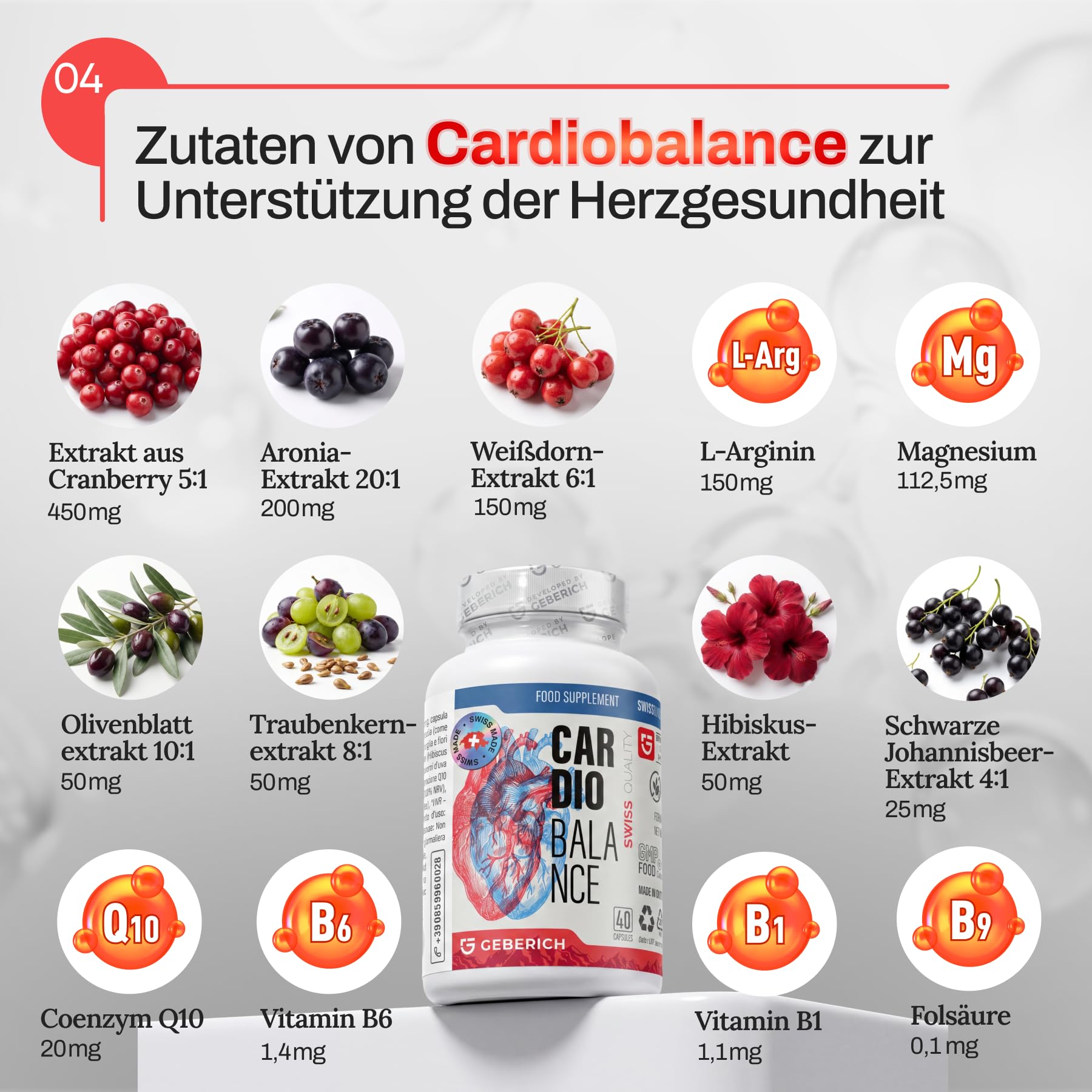 Kapseln CardioBalance | Herzgesundheit | Cranberry-Extrakt 450mg + Coenzym Q10 + L-Arginin | Kardiovaskuläre Formel mit Vitamin B1, B6, B9, Magnesium | 40 Kapseln