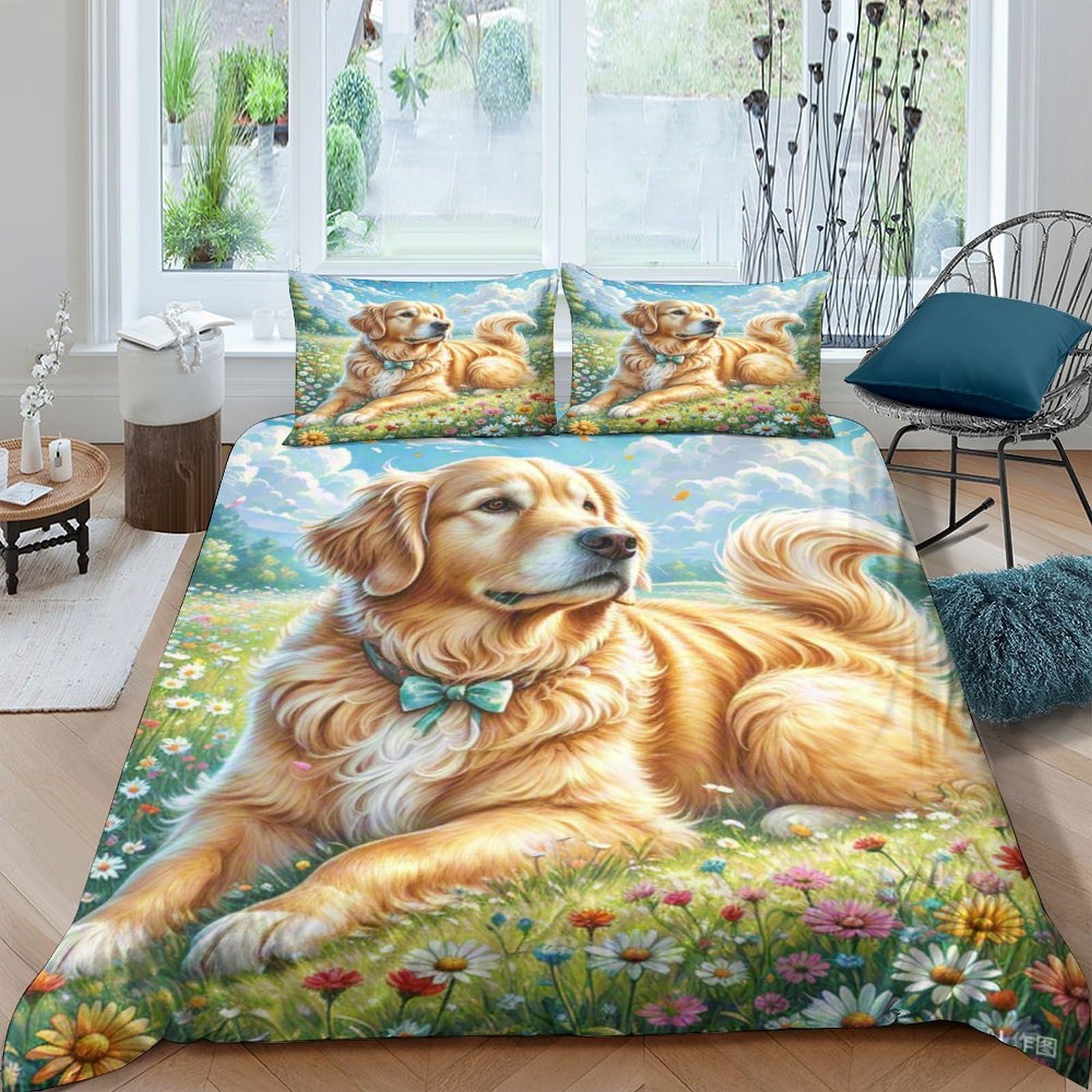 Housse de couette Golden Retriever zippée anti-froissement en microfibre 220x240cm