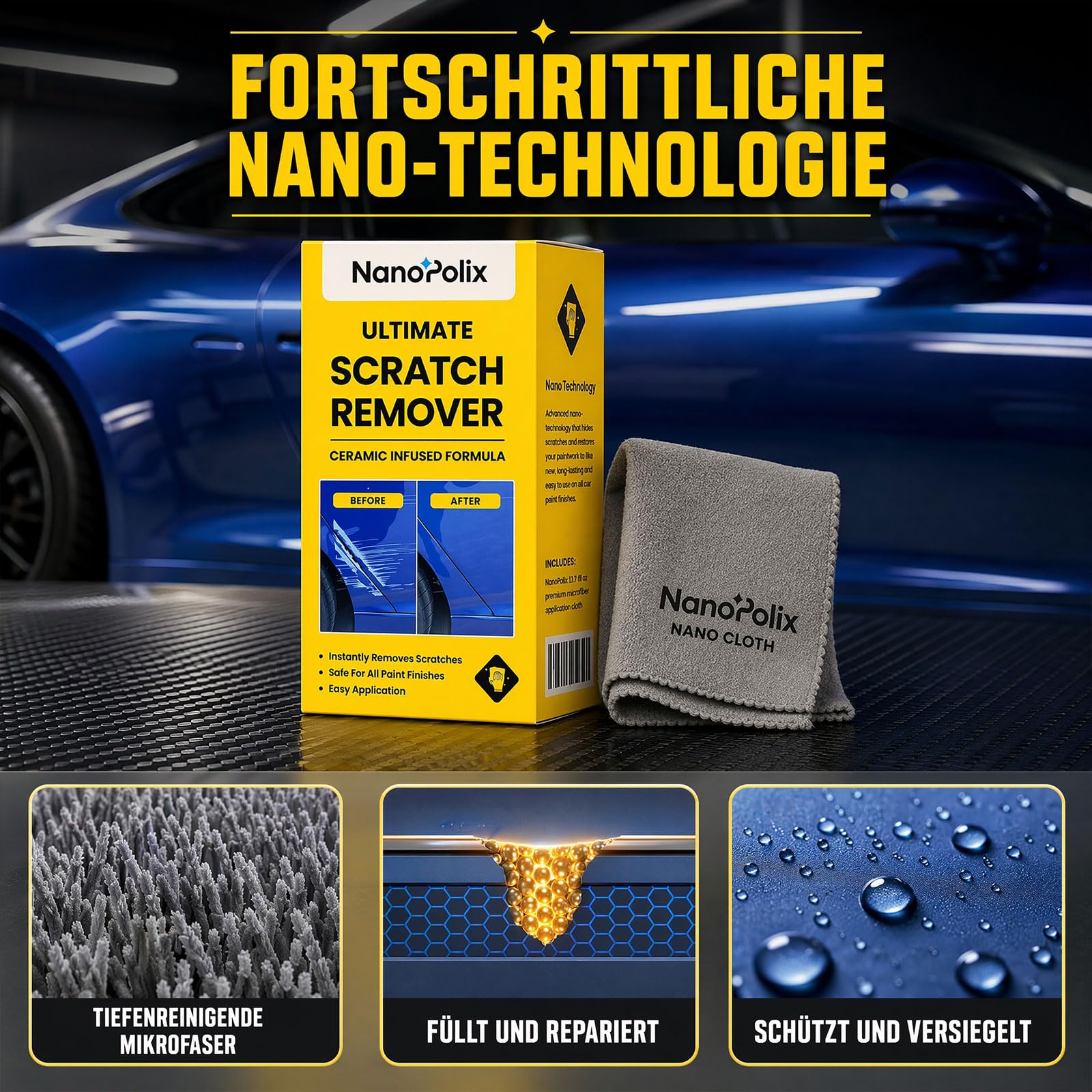 NanoPolix Tuch 2 Stück, Nano Polix Kratzerentferner Tuch, Nanopolix Scratch Remover Auto, Nano Polix Kratzerreparatur, Glanzwiederherstellung und Lackpflege für alle Lackfarben