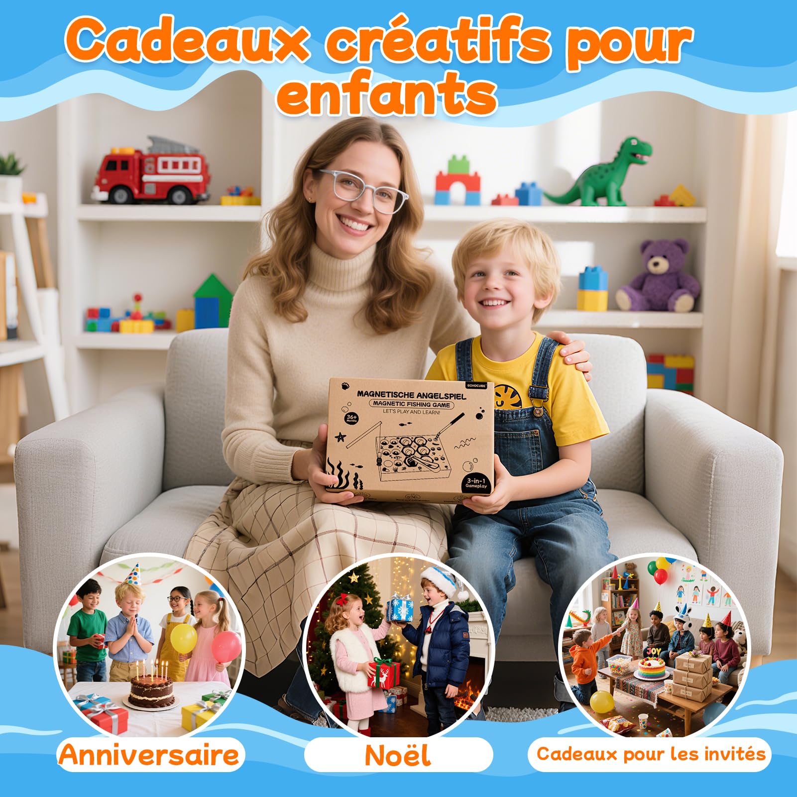 Jeu de pêche magnétique 3 en 1 en bois pour enfants, jouet Montessori éducatif, cadeau d'anniversaire ou de Noël pour garçons et filles de 3 ans