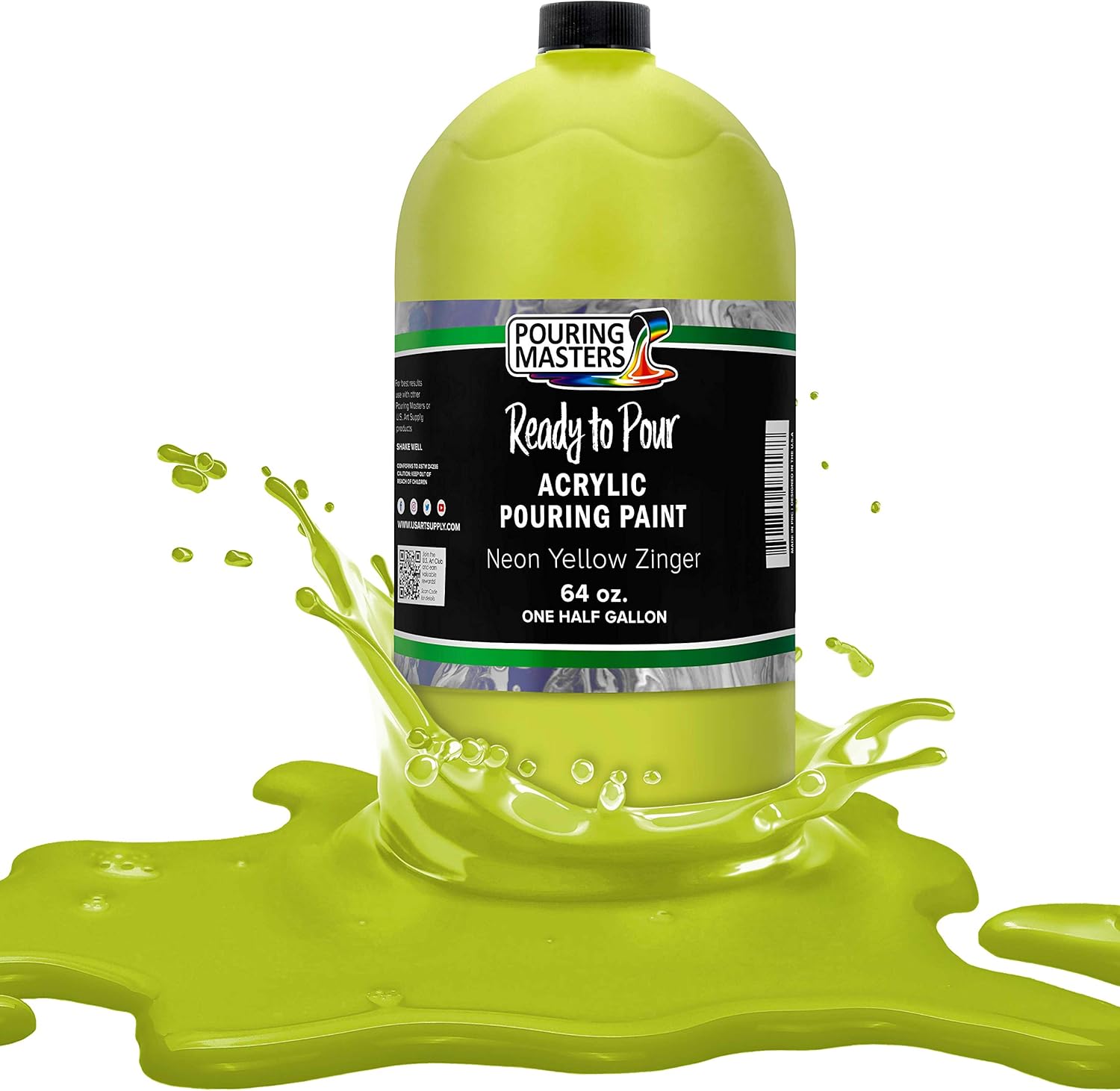 Pouring Masters Neon Yellow Ready to Pour Acrylic Pouring Paint - Premium 64-Ounce Pre-Mixed Fluid Acrylic Paint - Fluid Art Supplies for Canvas, Wood, Paper, Tile & Rocks