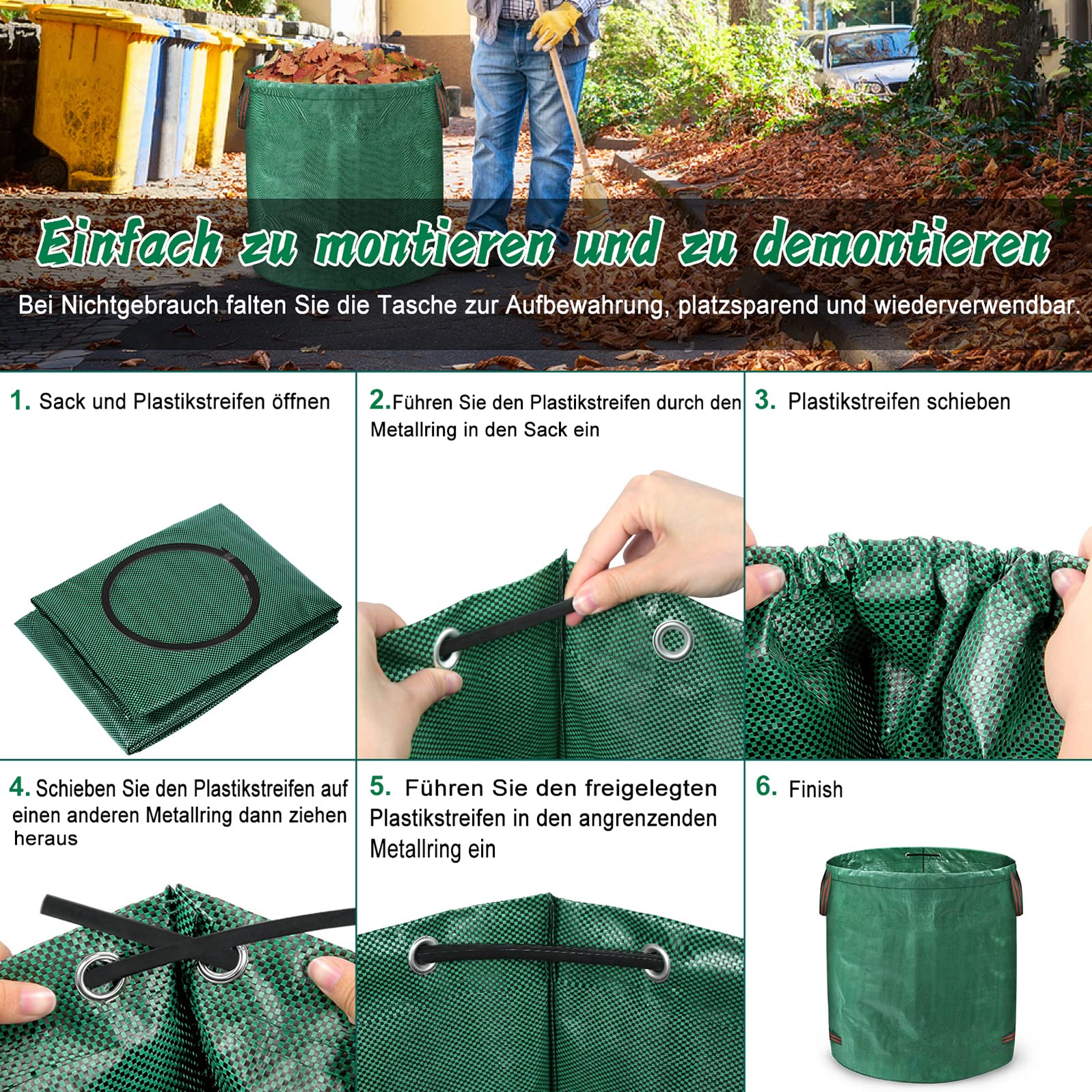 LZQ 8X Gartenabfallsack Gartensack Pop Up Stabil 272L, Laubsack Selbstaufstellend Faltbar Grünschnittsäcke aus Robuste Polypropylen-Gewebe (PP) 150g/m² mit Griffen für Gartenabfall Laub