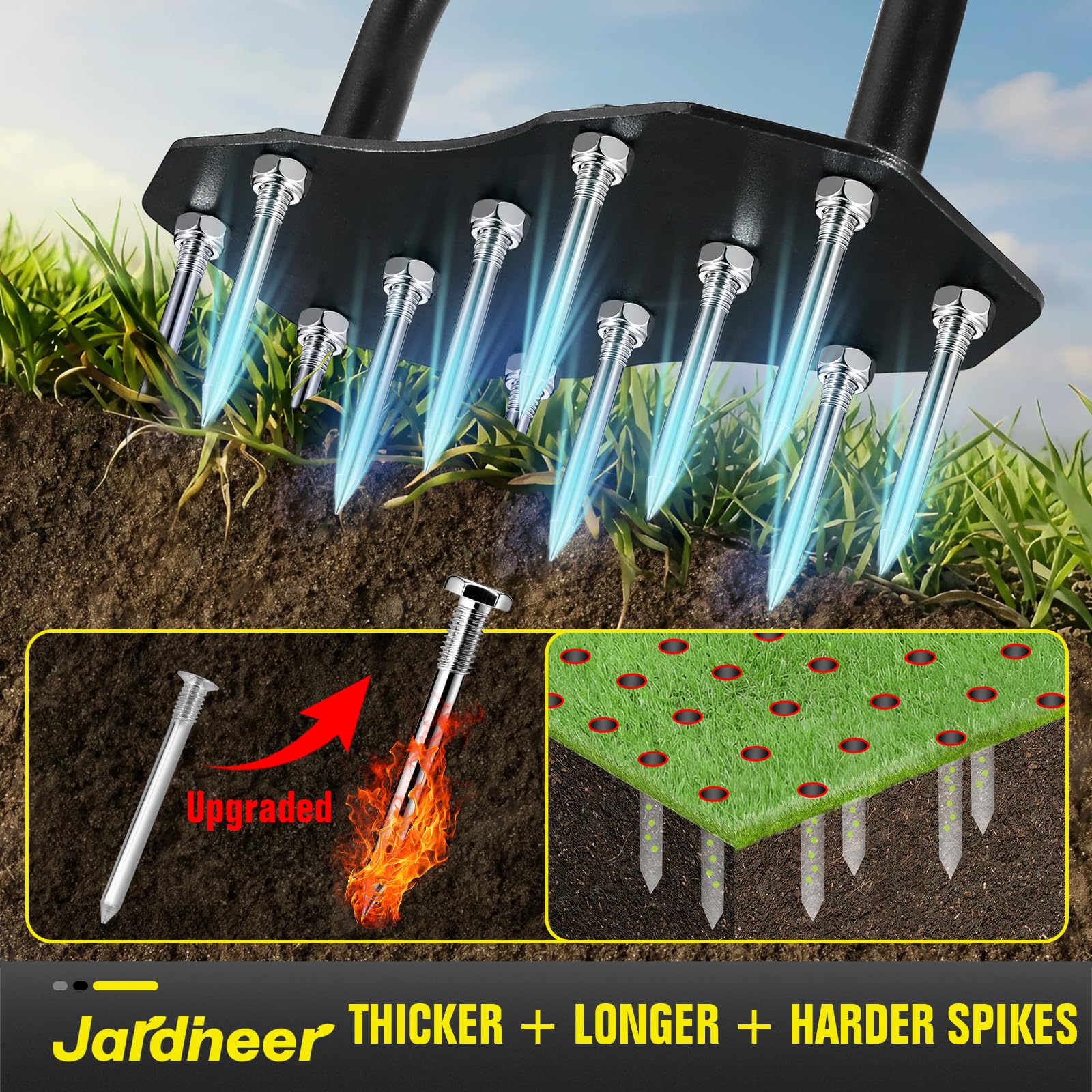 Jardineer Aeratore per prato, aeratore manuale con 12 punte in acciaio ispessite, aeratore pre-assemblato per allentamento del terreno e aerazione del cortile in prato, cortile e giardino
