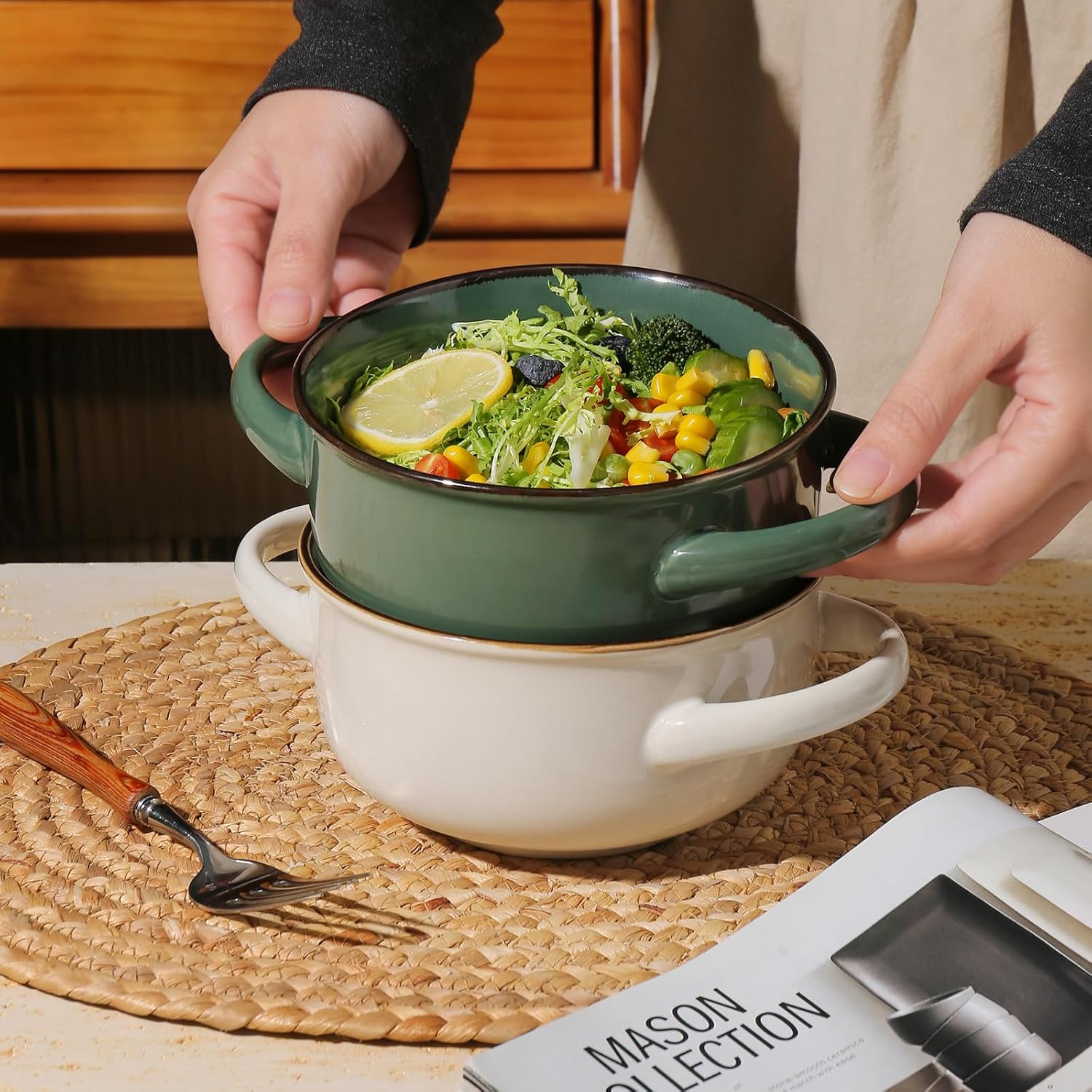 MONITO Ceramic Salad Bowl with Handles, 28 oz French Onion Soup Bowls, Ceramic Soup Bowls for Cereal, Pasta, Chilli, Beef Stew, Stackable Serving Bowl Set of 4 (28 OZ)